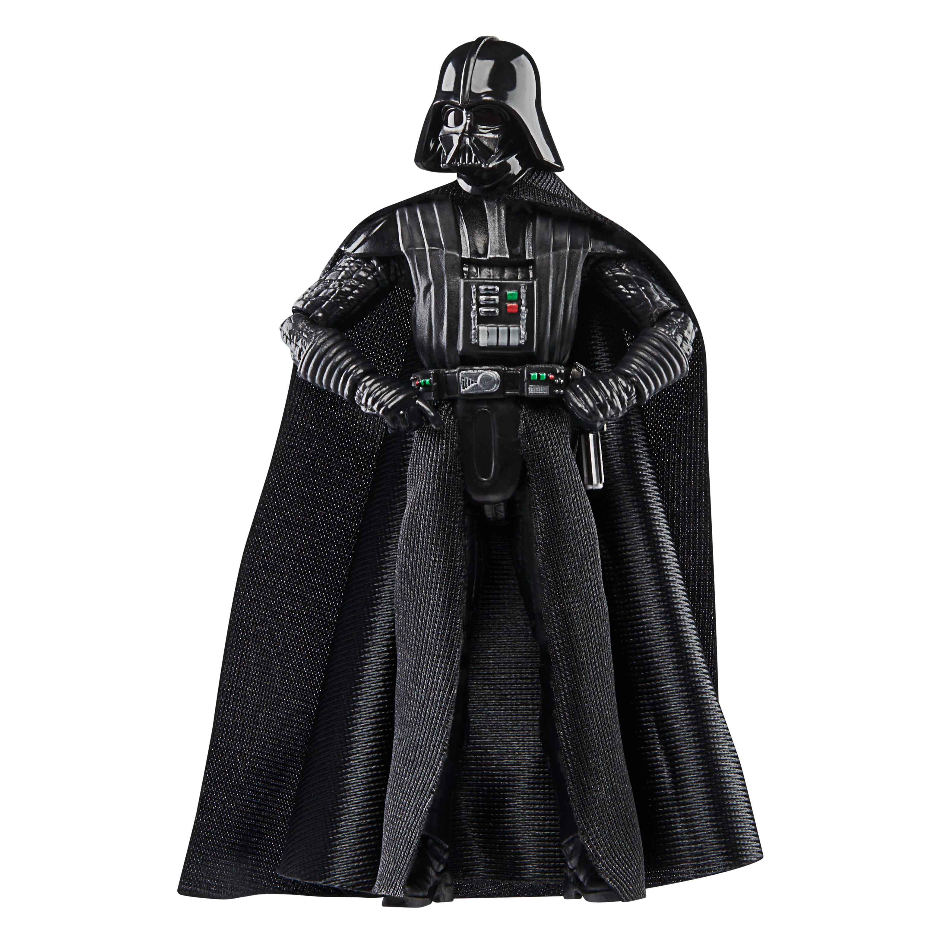 Darth Vader aksiyon figürü, elleri kalçasında, siyah miğfer, pelerin ve göğüs zırhı giyiyor. Beyaz arka plan.