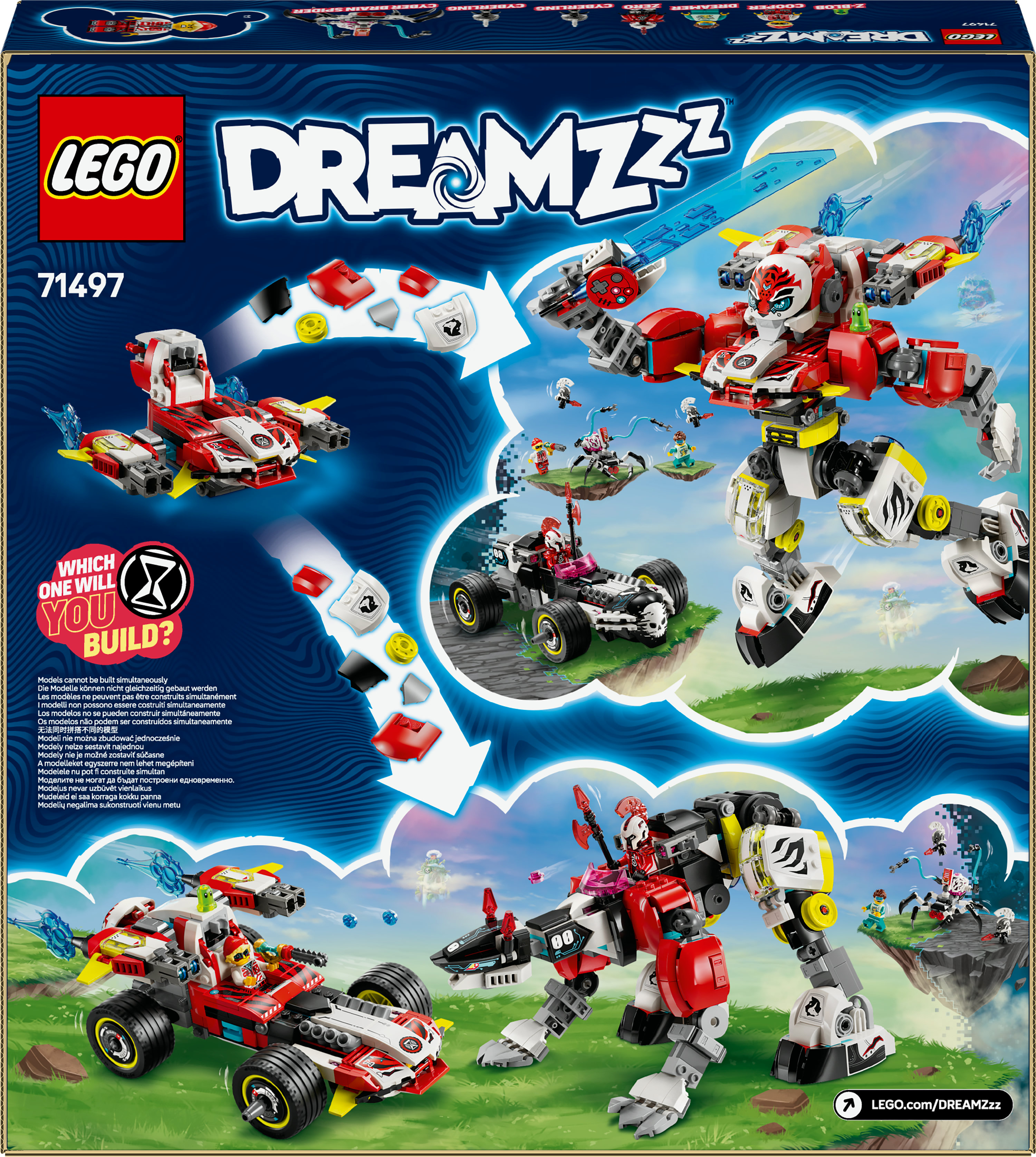 Grafika pudełka Lego Dreamzzz. Pokazuje dużego mecha i dwa pojazdy z minifigurkami w kolorowej scenerii fantasy.