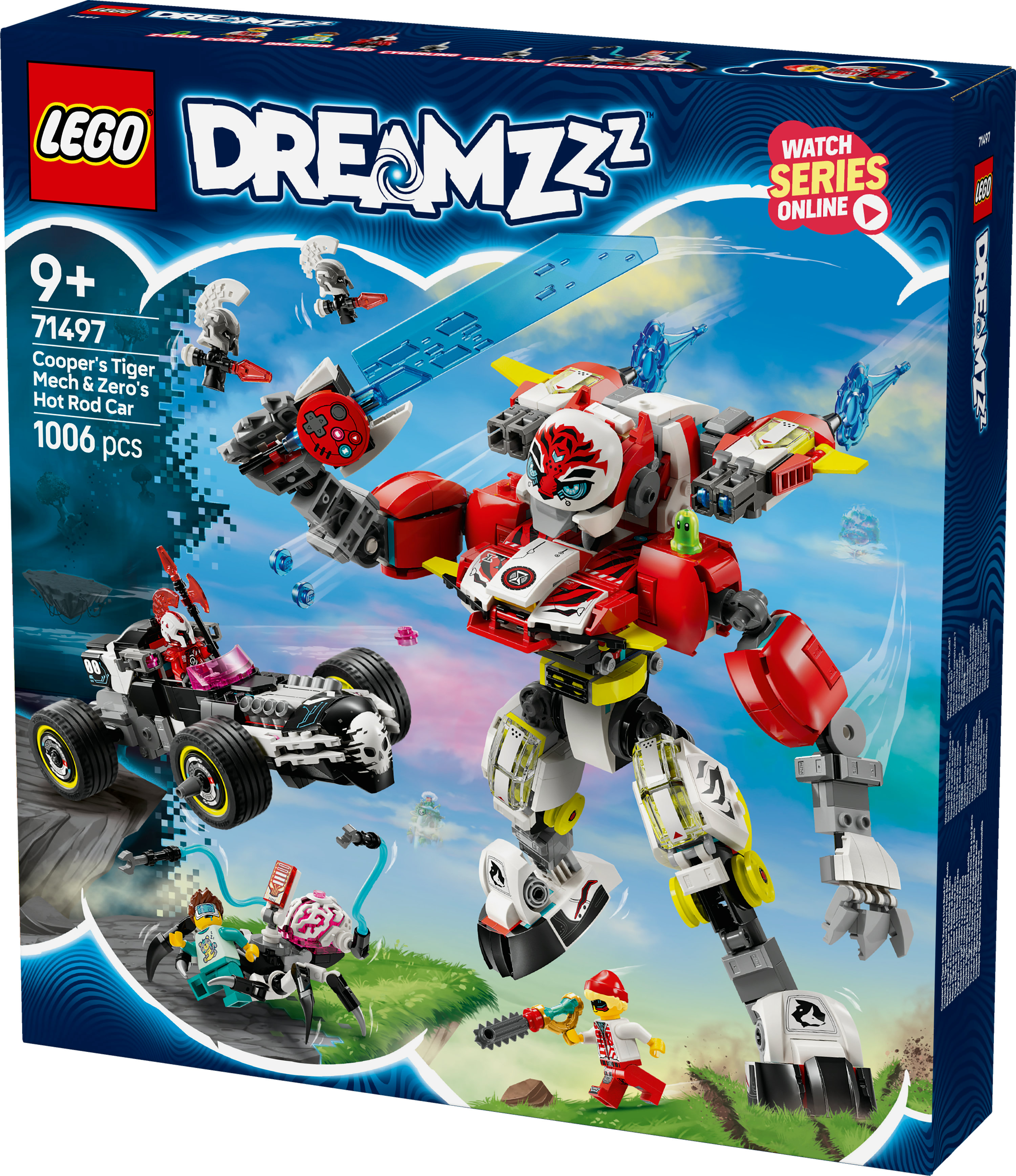 Zestaw Lego Dreamzzz z tygrysim mechem, hot rodem i minifigurkami na tle błękitnego nieba.