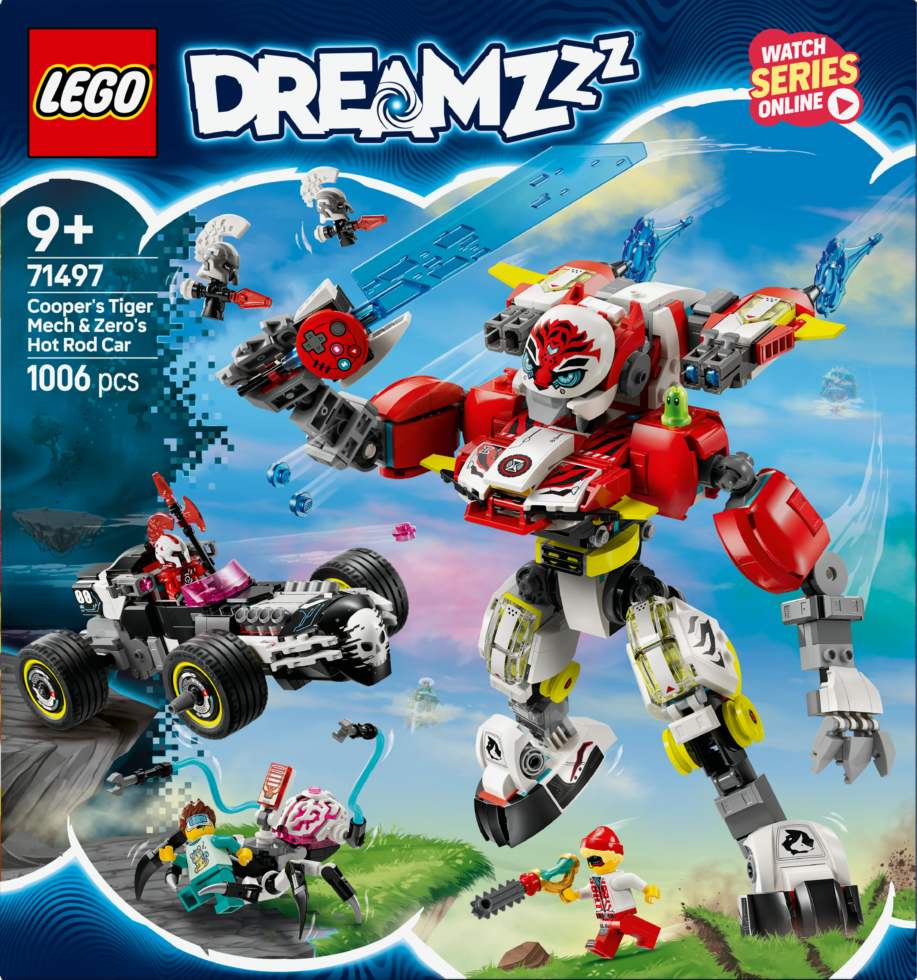Zestaw Lego Dreamzzz. Tygrys mech walczy z robotem pająkiem i samochodem hot rod. Zawiera minifigurki i akcesoria.