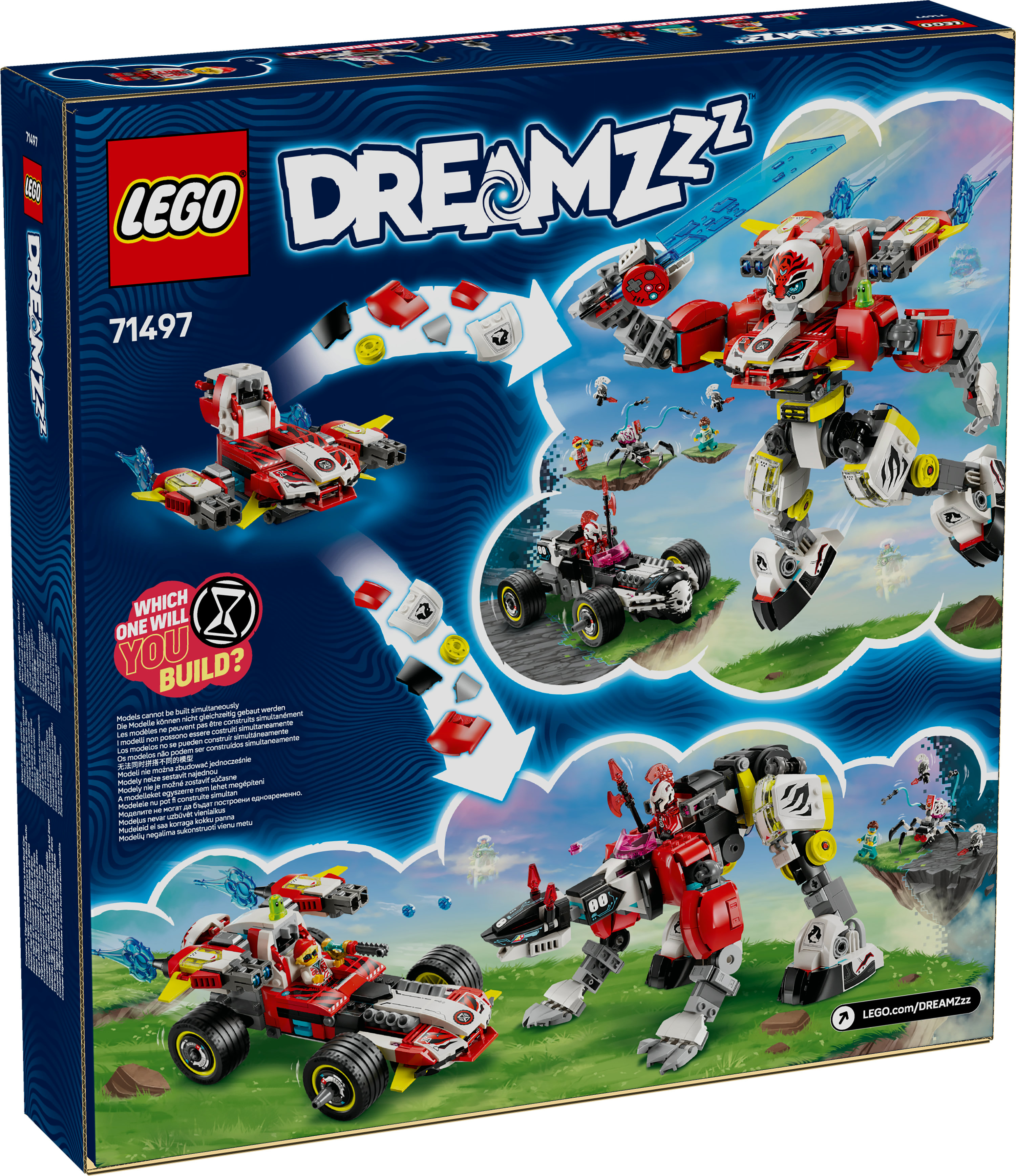 Grafika pudełka Lego Dreamzzz. Czerwone i białe figurki Lego z niebieskimi akcentami. Zawiera robota, samochód i figurki.