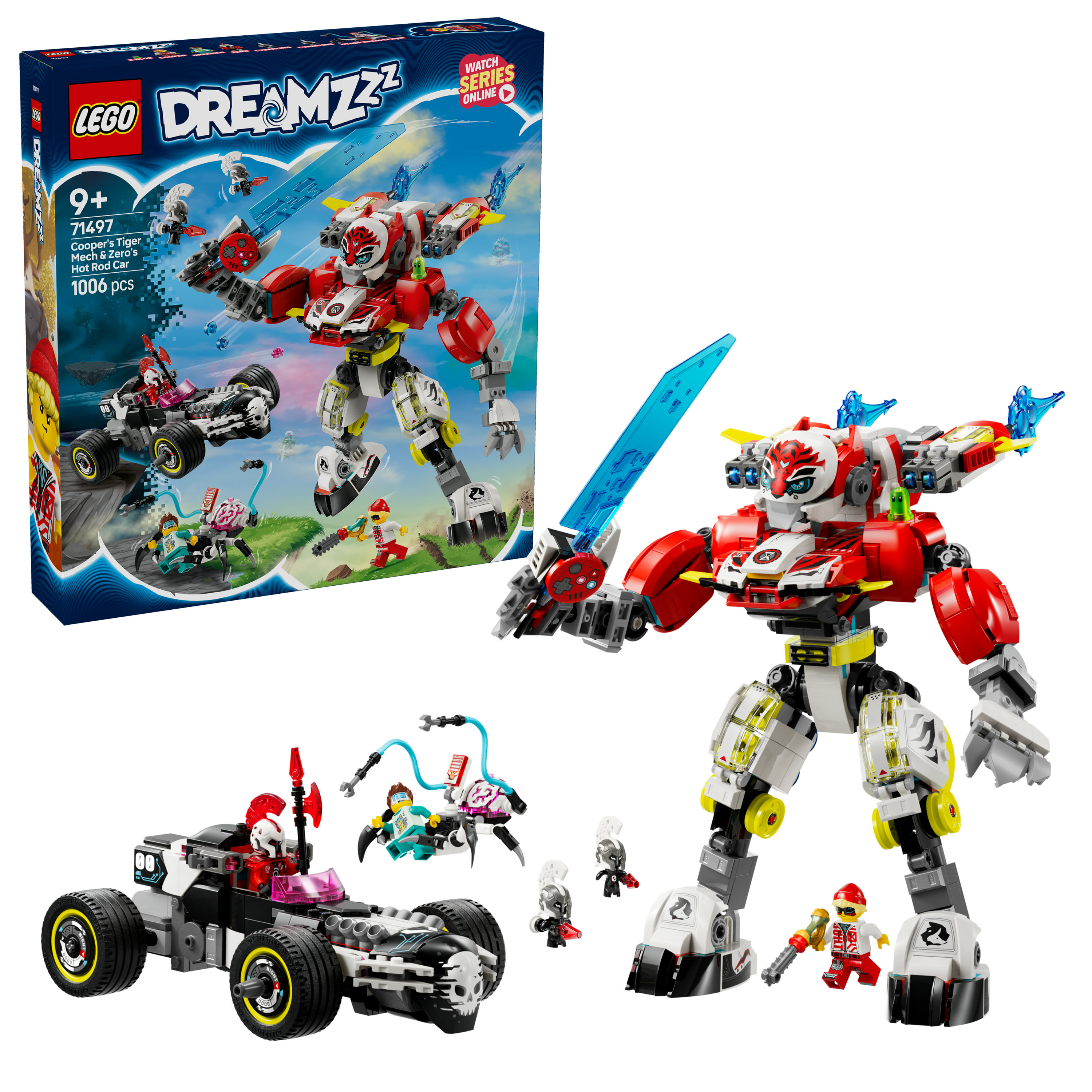 Zestaw LEGO Dreamzzz. Pokazuje mecha tygrysa z mieczem, samochód hot rod i minifigurki, wszystko na białym tle.