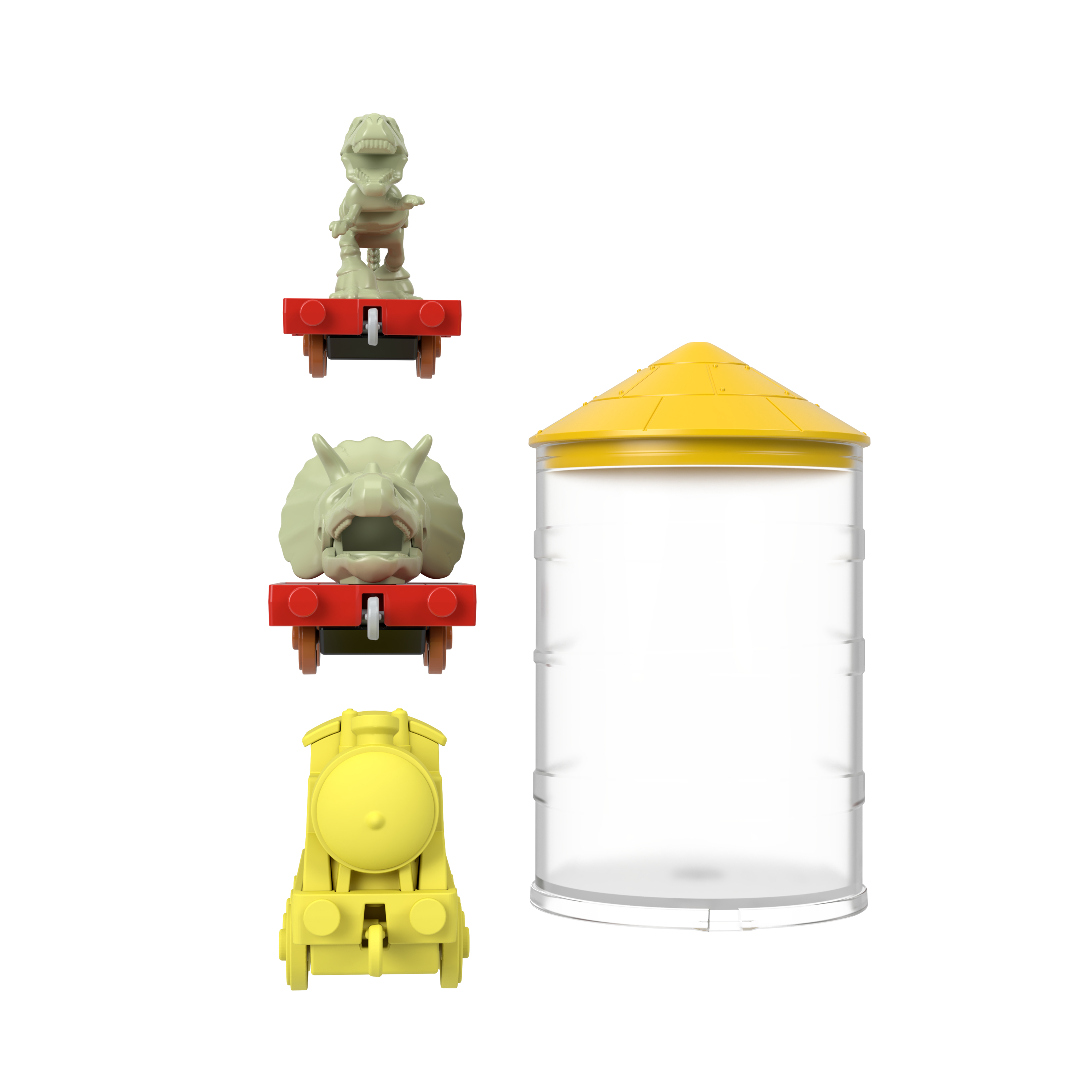 Obraz przedstawia zabawki, pociągi dinozaurów i pojemnik ze żółtą pokrywą.