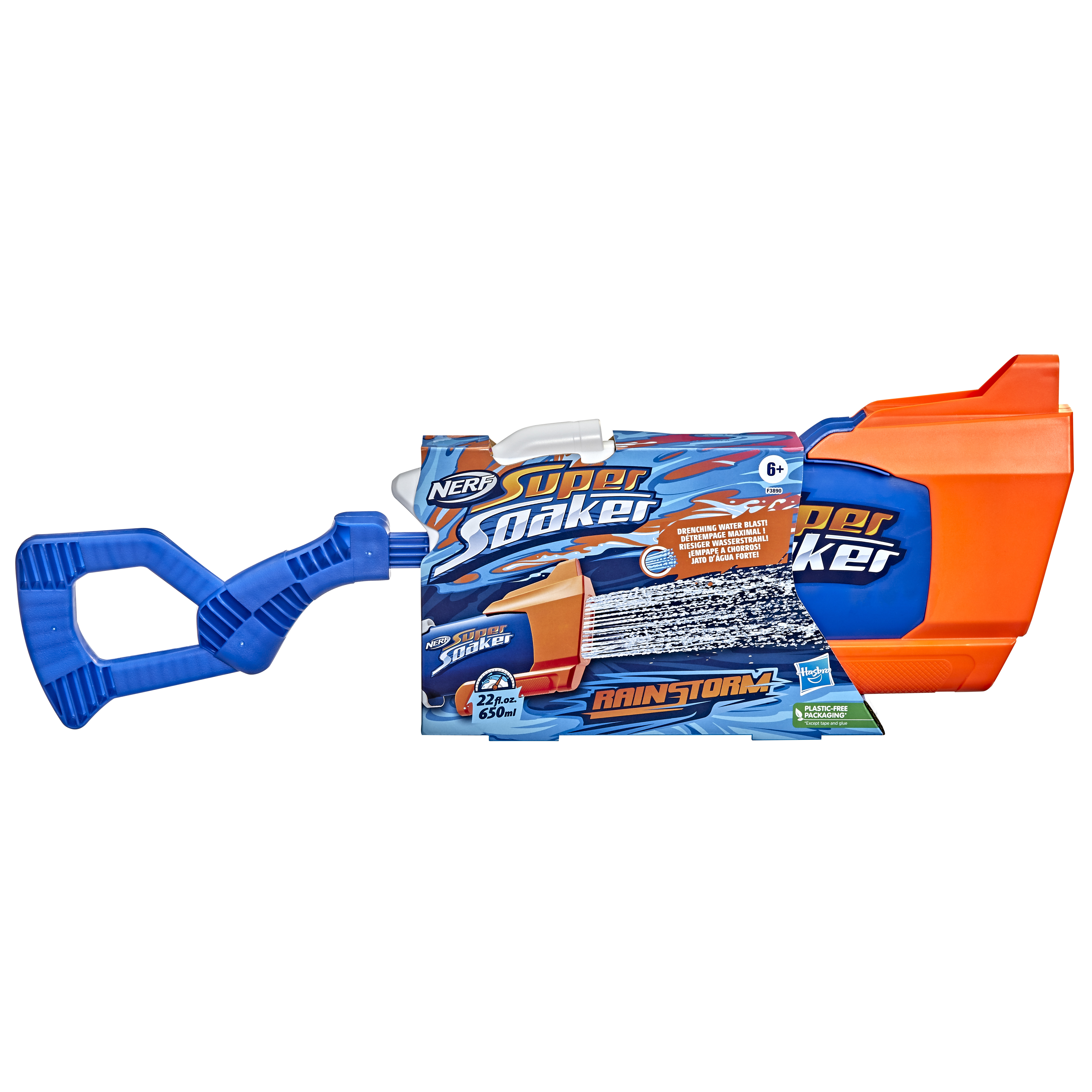Pistola de agua Nerf Super Soaker Rainstorm. Mango azul, cuerpo naranja y azul, información del producto en el lateral. Fondo blanco.