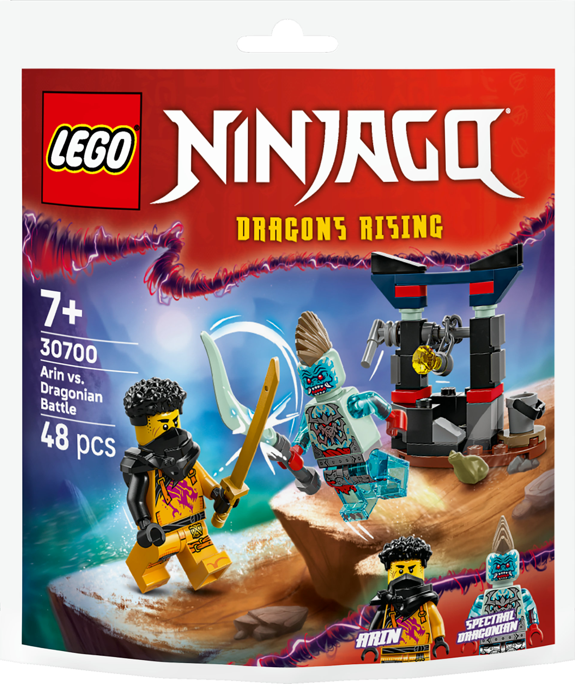 Lego Ninjago set kutusu. Arin ve bir Dragonian figürü, savaş sahnesi arka planıyla. Set 7+ yaş için.