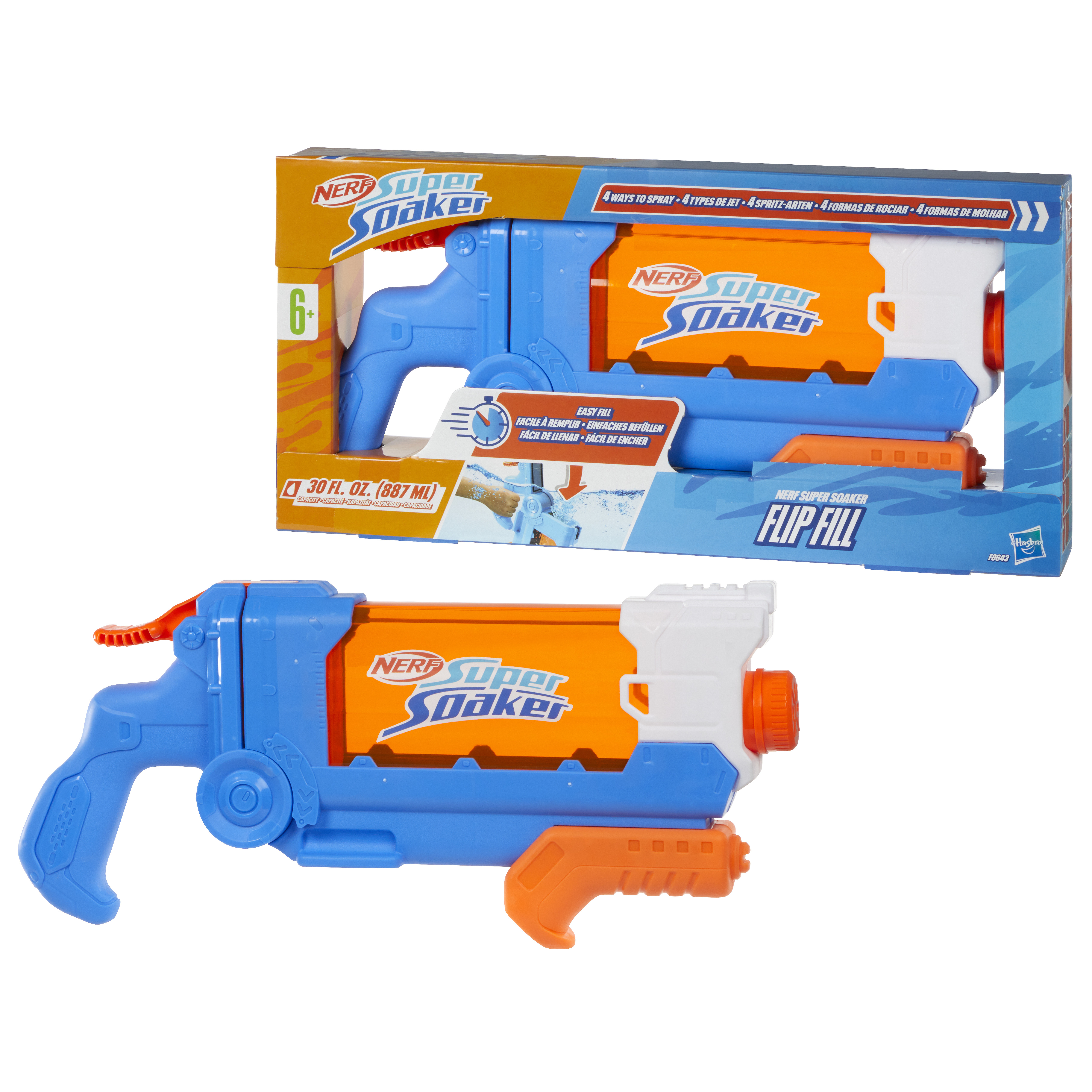 Pistolet na wodę Nerf Super Soaker w pudełku i poza nim. Pistolet jest niebieski, pomarańczowy i biały.