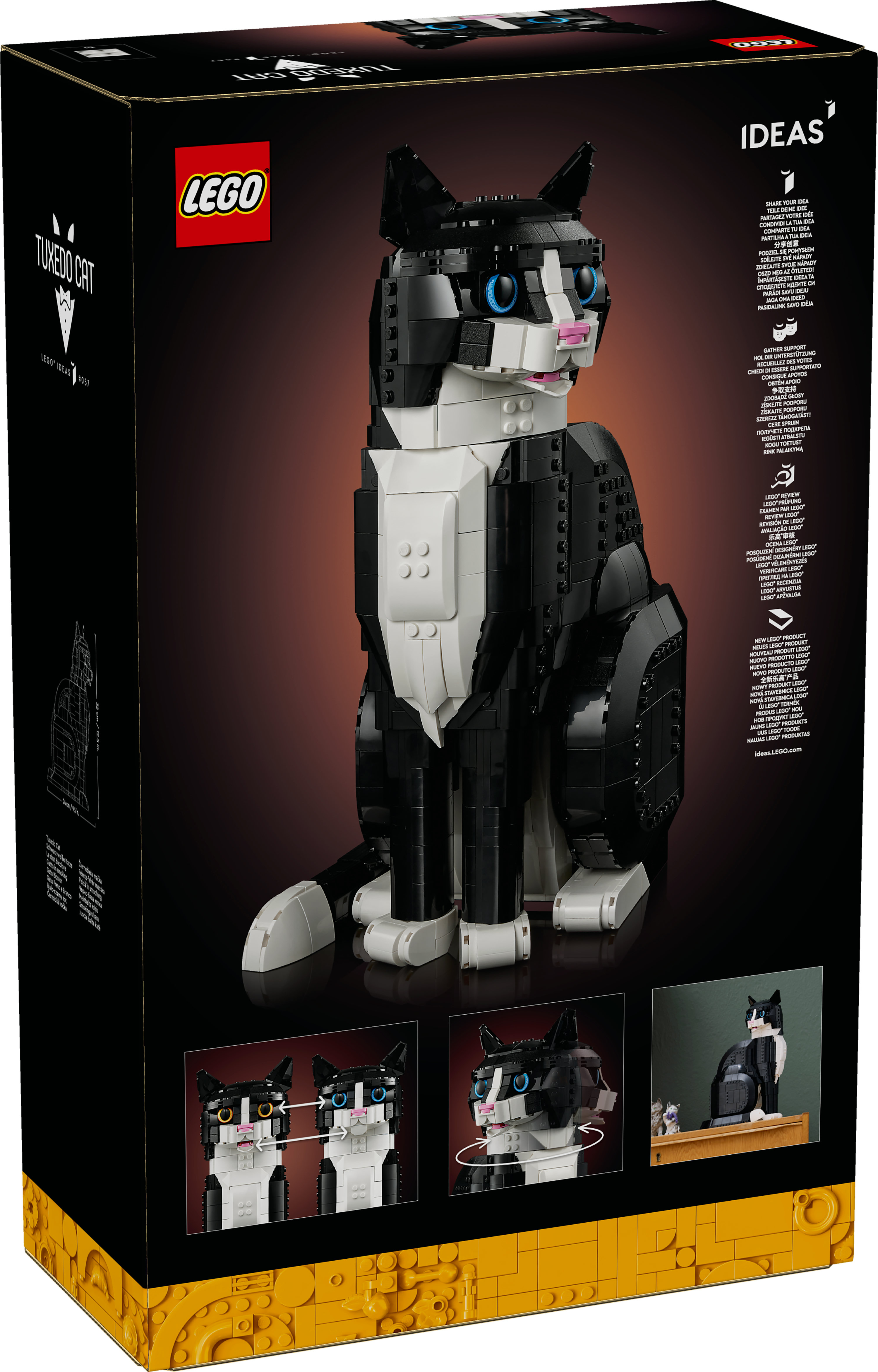 Grafika pudełka przedstawia model LEGO Tuxedo Cat. Jest czarno-biały, z niebieskimi oczami i różowym nosem, na brązowym tle.
