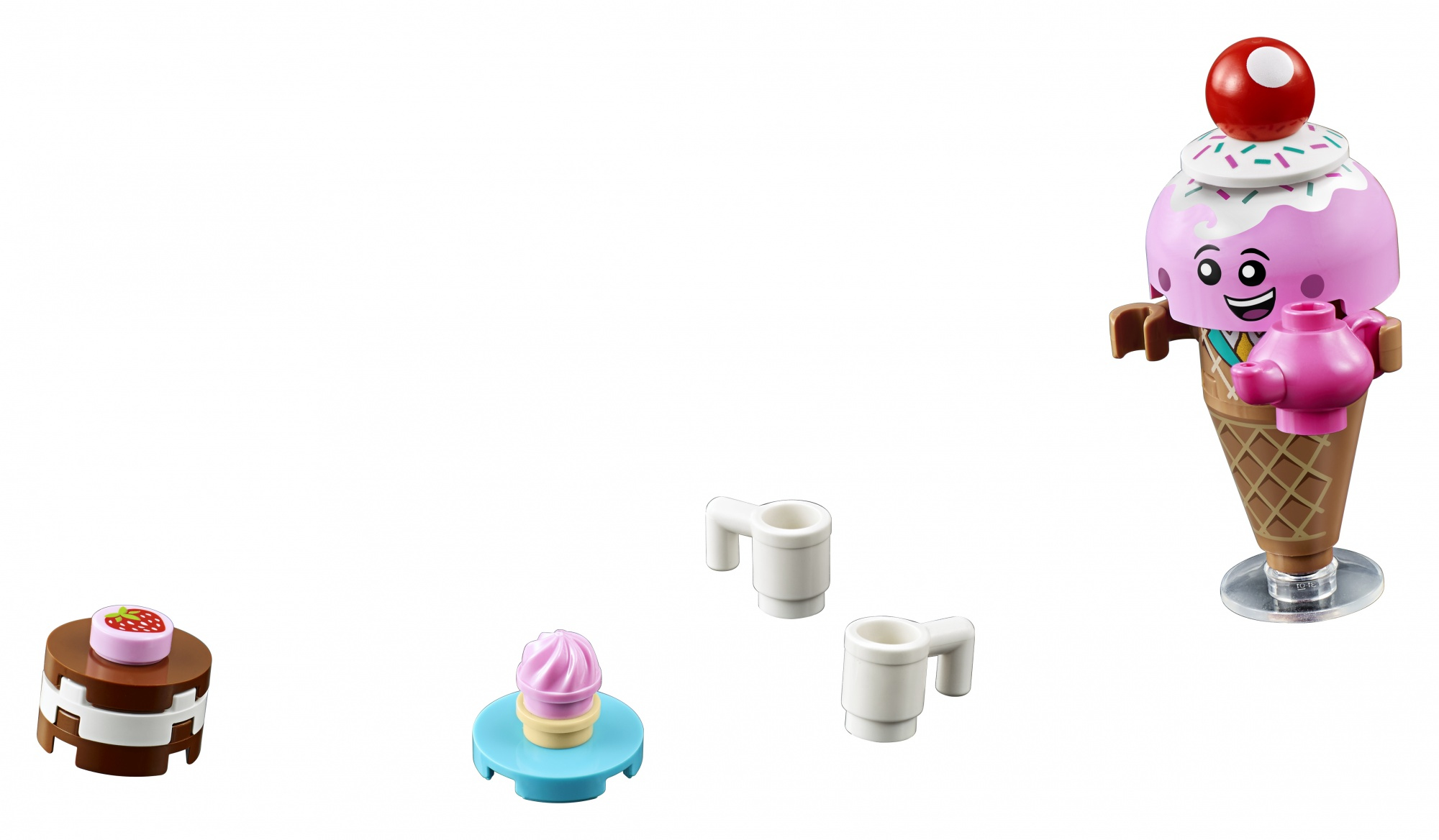 Un personaggio cono gelato Lego, una torta, un gelato e due tazze. Il tutto su sfondo bianco.