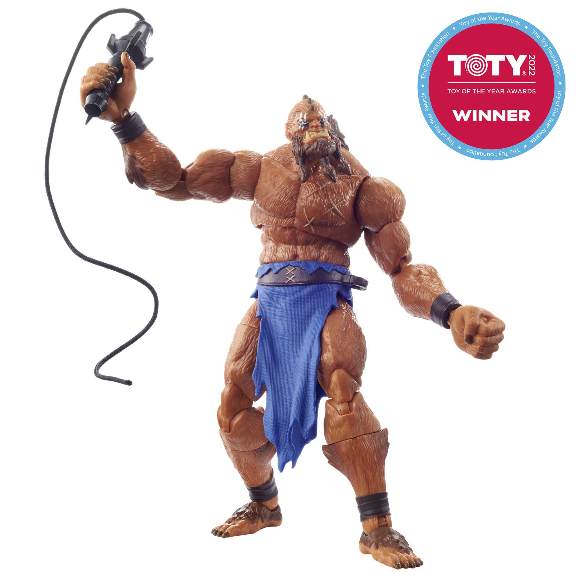 Braune Actionfigur mit Peitsche, blauem Lendenschurz und Gewinner-Abzeichen.