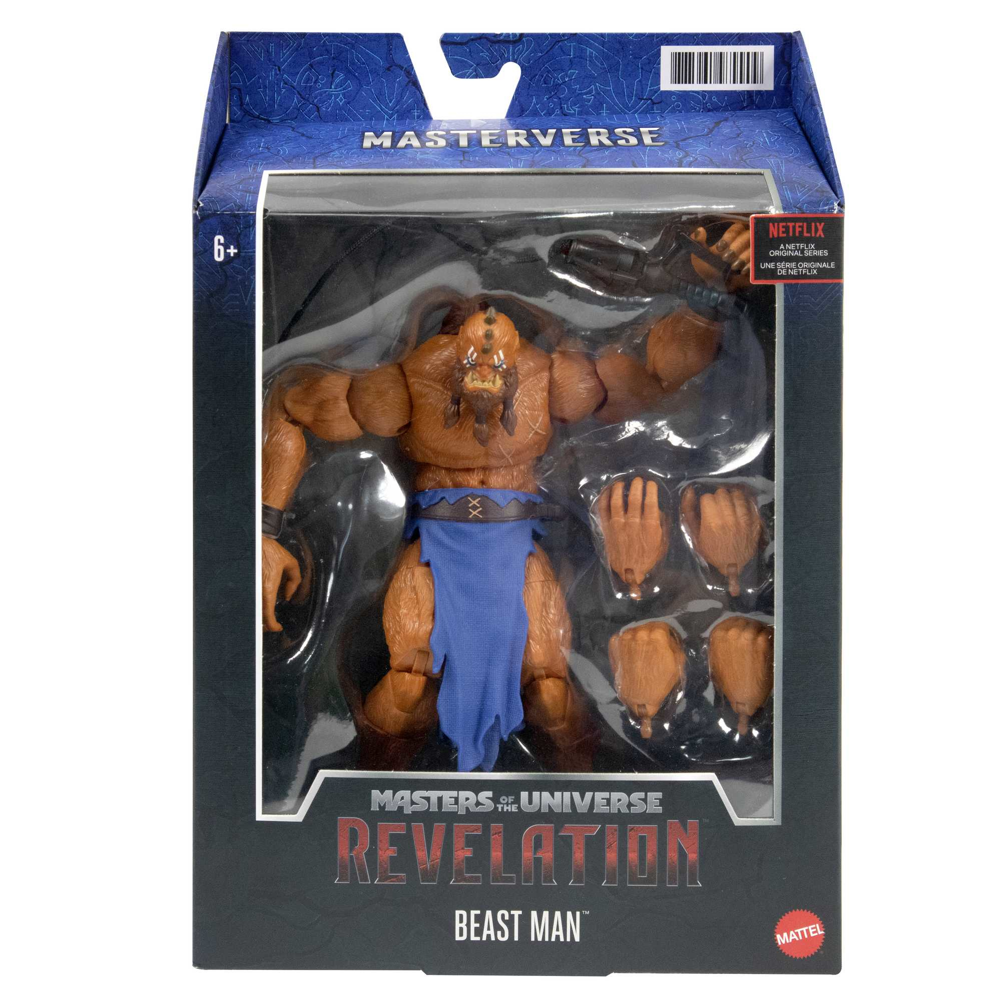 Beast Man Actionfigur im Karton. Braune Figur mit blauem Lendenschurz. Karton hat Netflix- und Masters of the Universe-Logos.