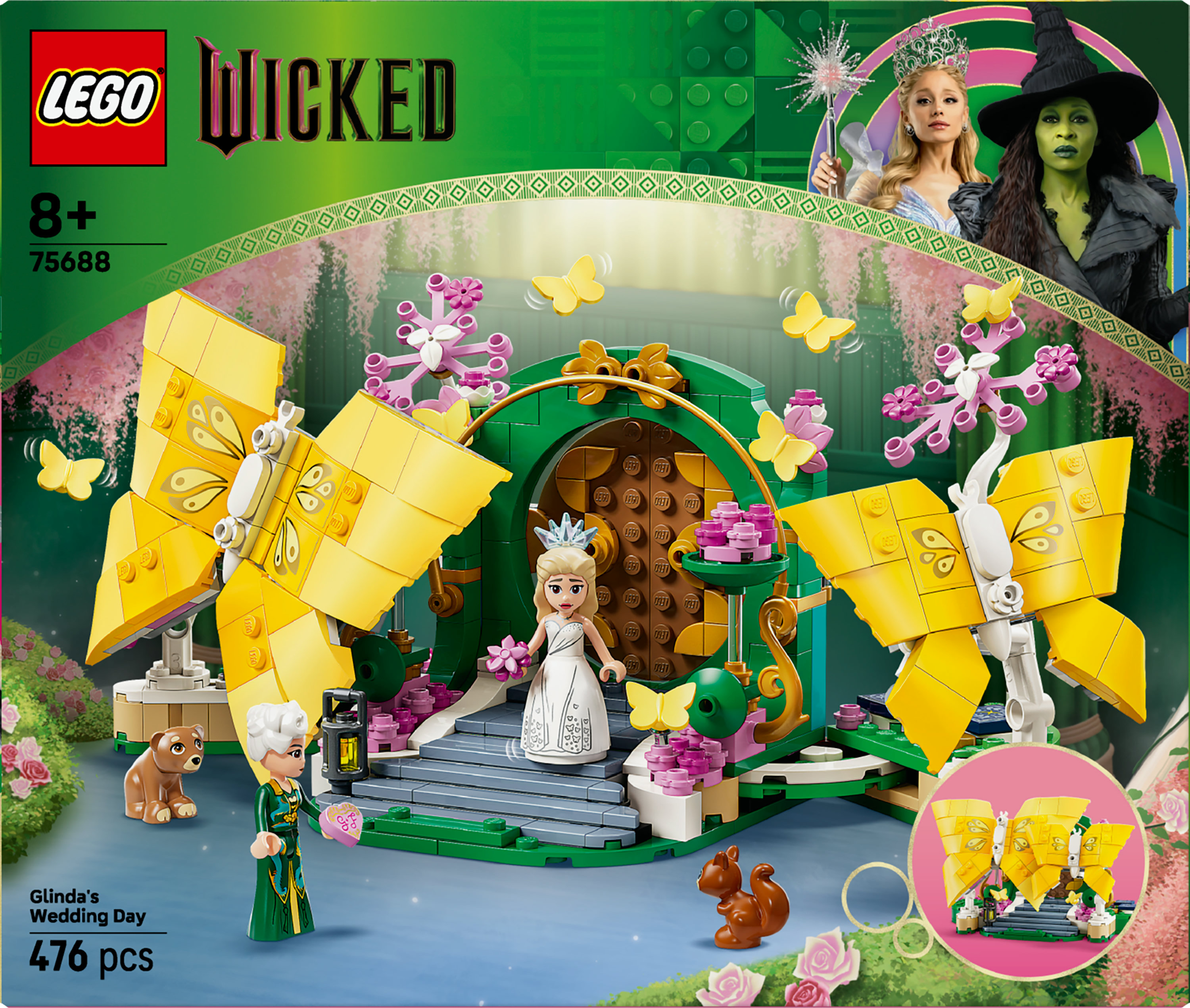 Set Lego del giorno del matrimonio di Glinda. Presenta Glinda, un orso, uno scoiattolo, farfalle e uno sfondo verde.