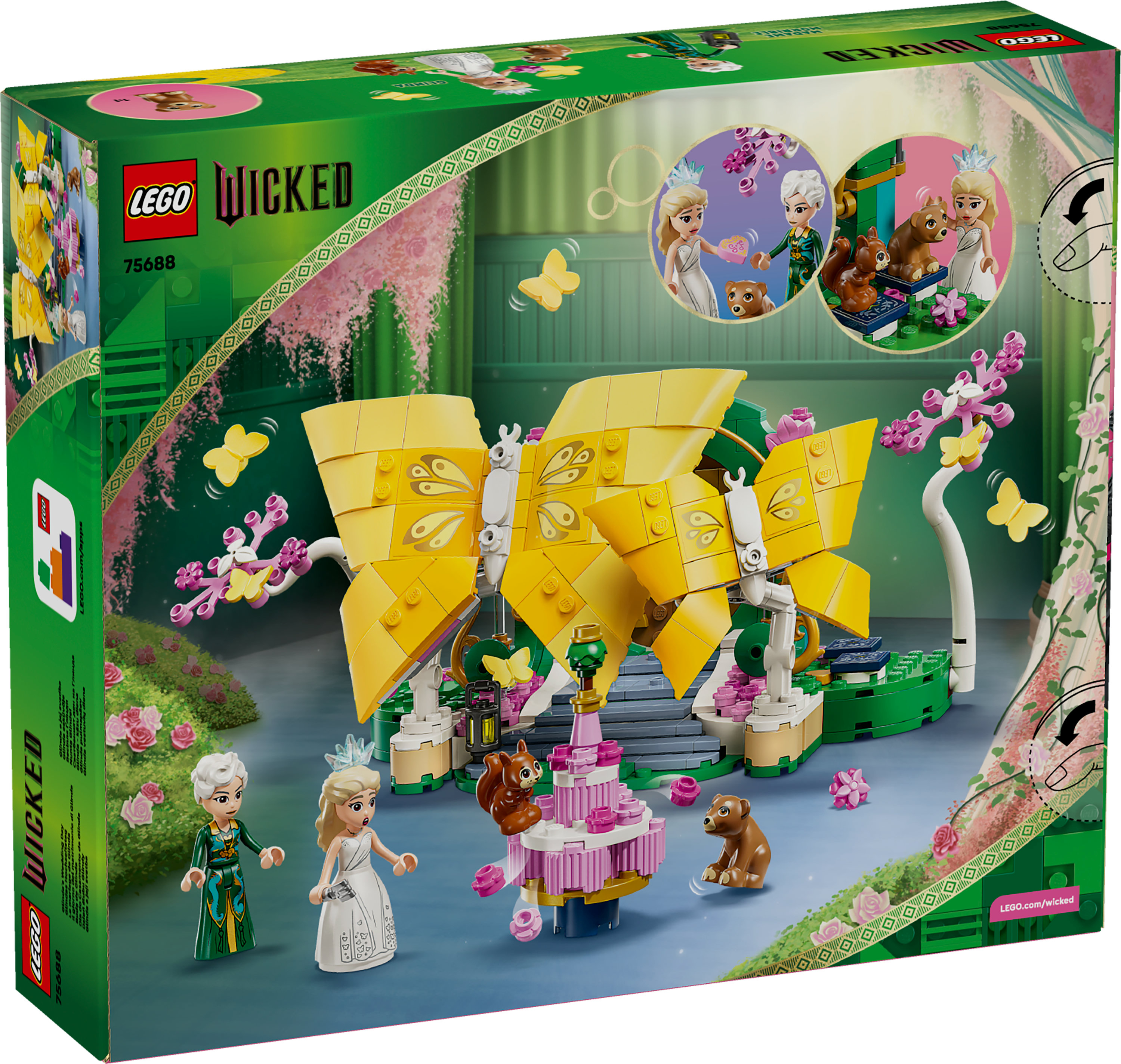Scatola Lego Wicked con personaggi di Glinda, una struttura rosa, farfalle gialle e una grande struttura a farfalla gialla.
