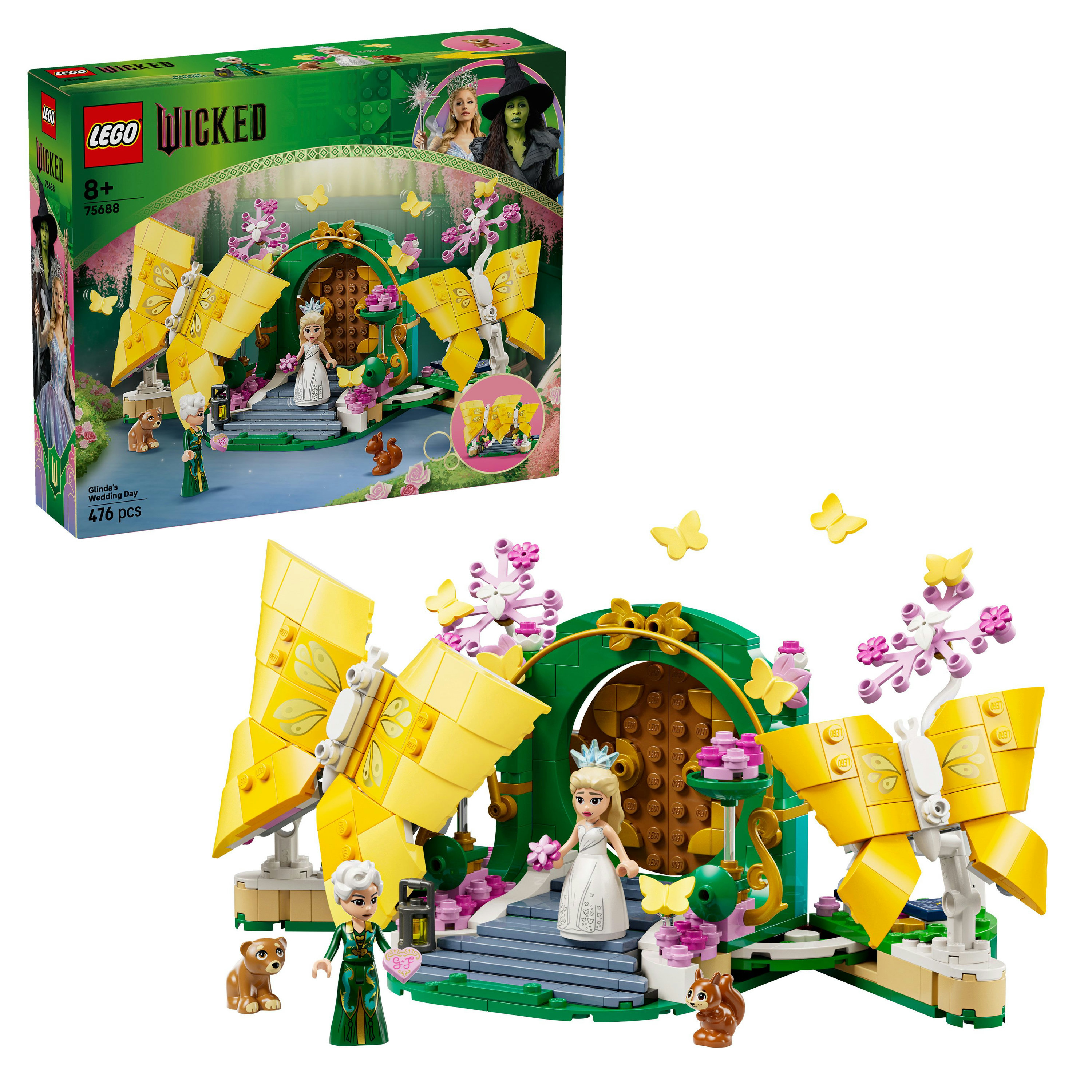 Set Lego raffigurante una scena di Wicked, con personaggi di Glinda ed Elphaba, farfalle gialle e un arco verde.