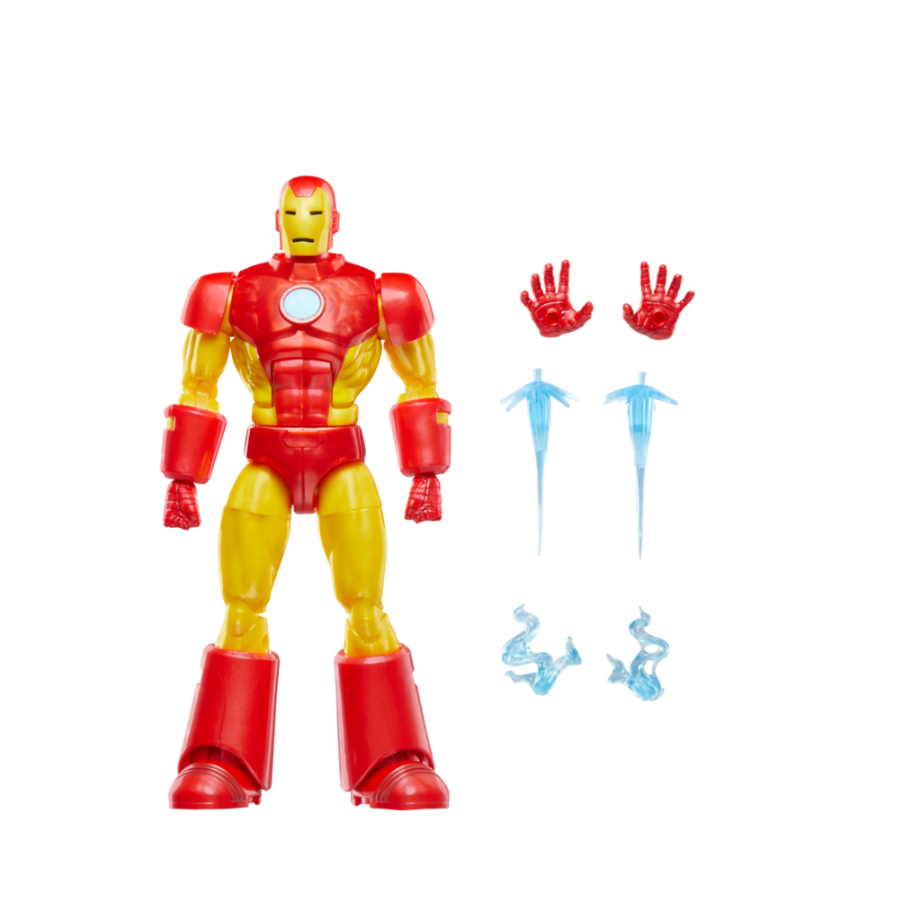 Ekstra ellere, mavi enerji patlamalarına ve beyaz bir arka plana sahip Iron Man aksiyon figürü. Kostüm kırmızı ve sarı.