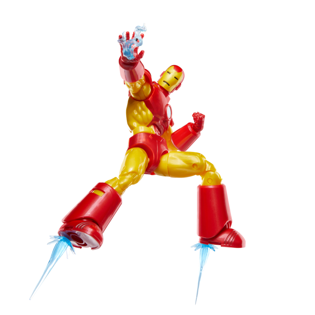 Hava'da Iron Man aksiyon figürü. Kırmızı ve altın zırh, mavi enerji efektleriyle. Beyaz arka plan.