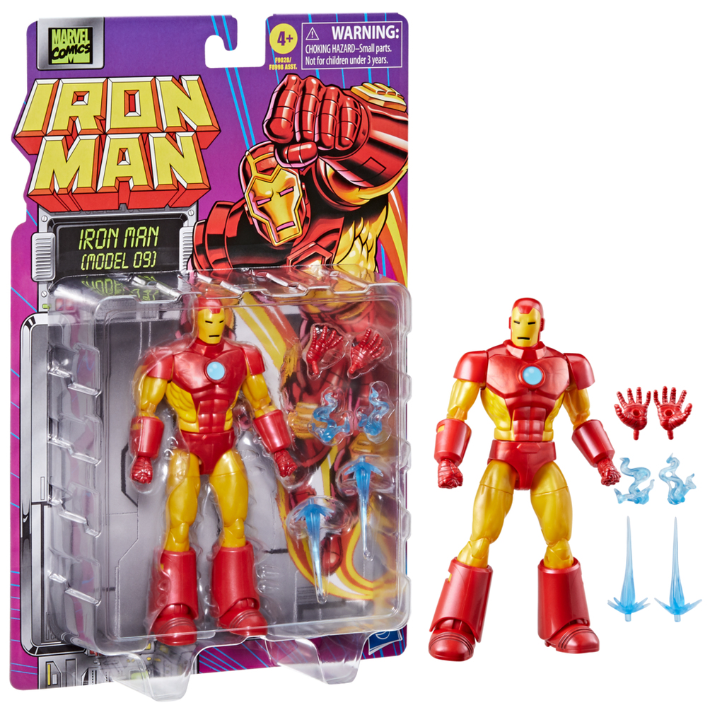 Ambalajında Iron Man oyuncak figürü ve aksesuarlarla gevşek bir figür. Kırmızı ve sarı zırh, çizgi roman tarzı ambalaj.