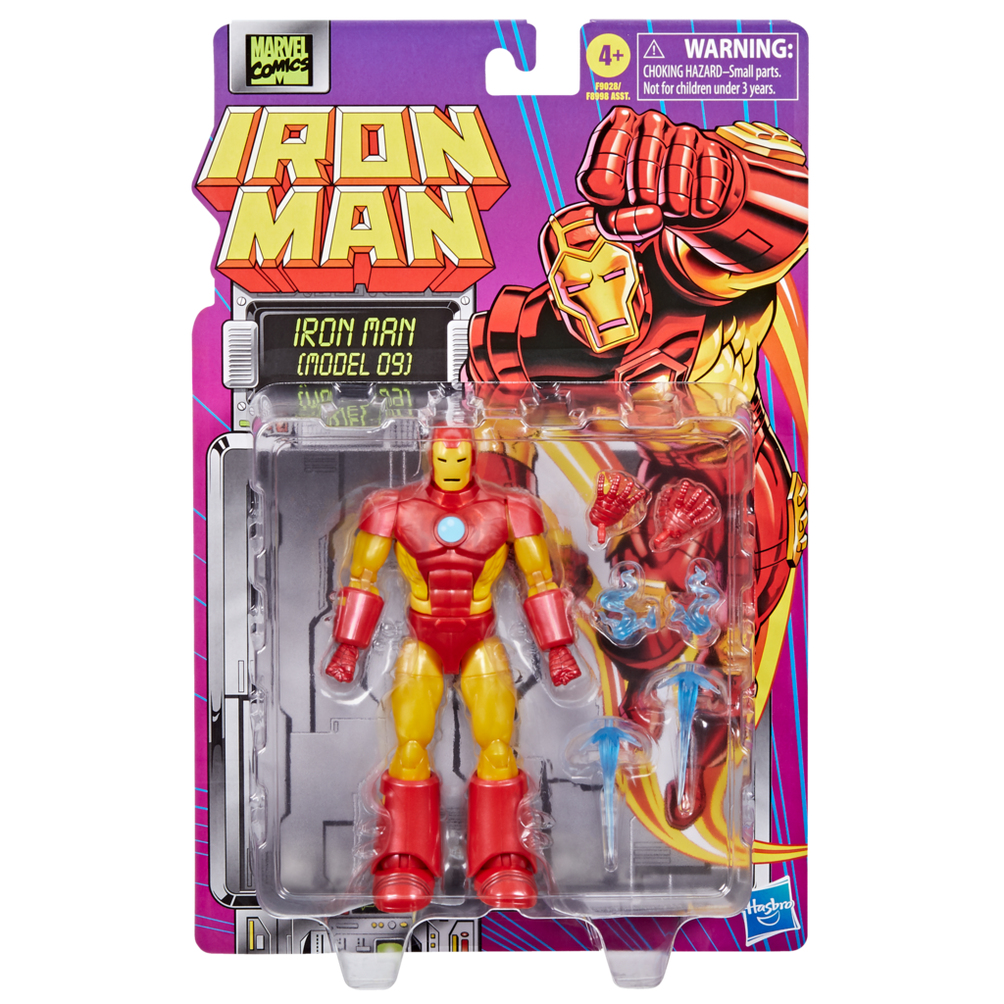 Ambalajında Iron Man aksiyon figürü. Kırmızı ve sarı zırh, aksesuarlarla. Arka plan, Iron Man illüstrasyonu ve uyarıyı gösterir.