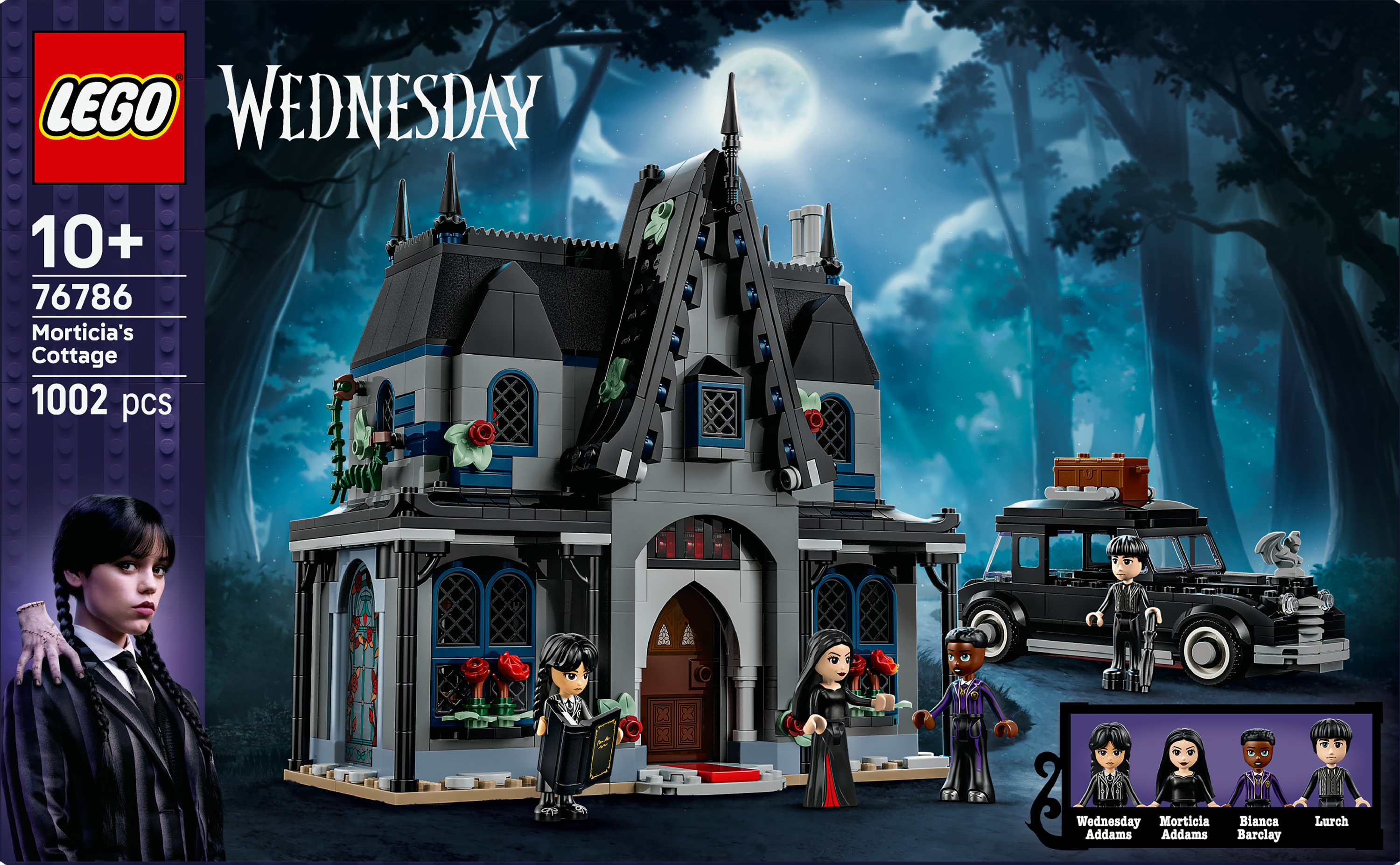 Zestaw LEGO Morticia's Cottage z Wednesday. Zawiera dom, samochód i minifigurki Wednesday i rodziny.