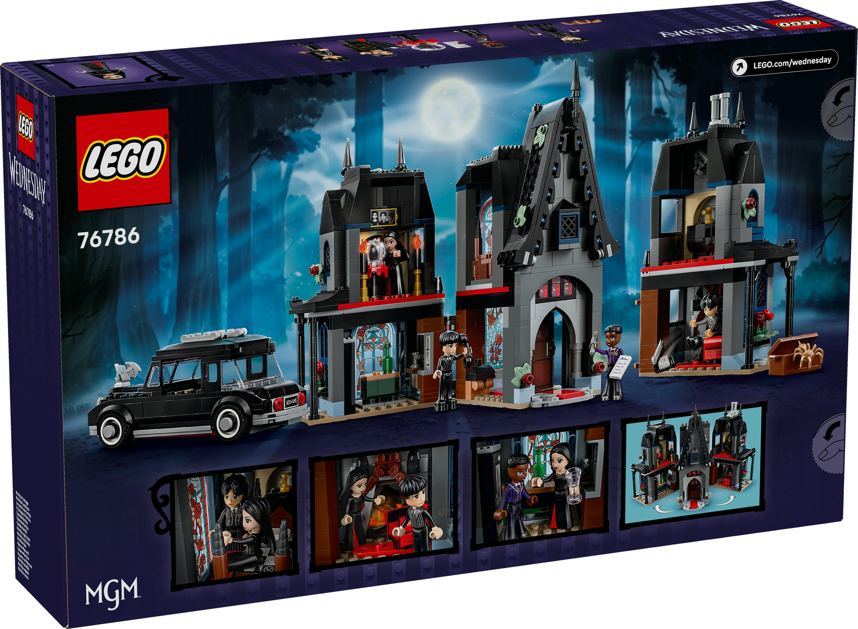 Pudełko zestawu LEGO z czarnym samochodem i gotyckim budynkiem. Widoczne są postacie. Tło to upiorny las.