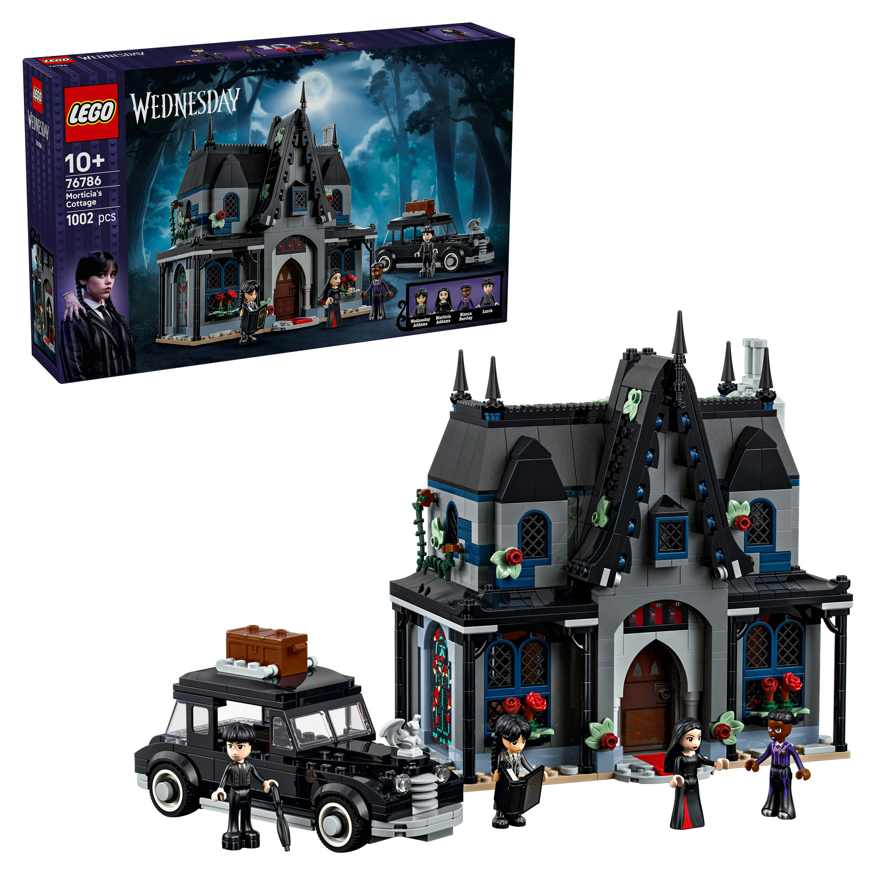 Zestaw Lego Morticii z Wednesday. Zawiera dom, czarny samochód i figurki Lego.