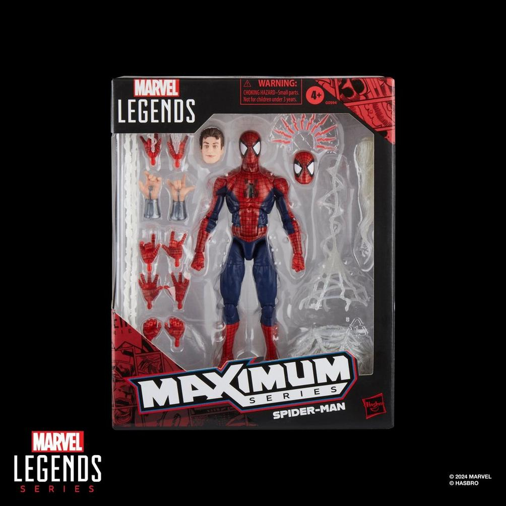 Kutuda Örümcek Adam aksiyon figürü. Ekstra eller, bir kafa ve ağ aksesuarları içerir. Kutuda Marvel Legends markası var.