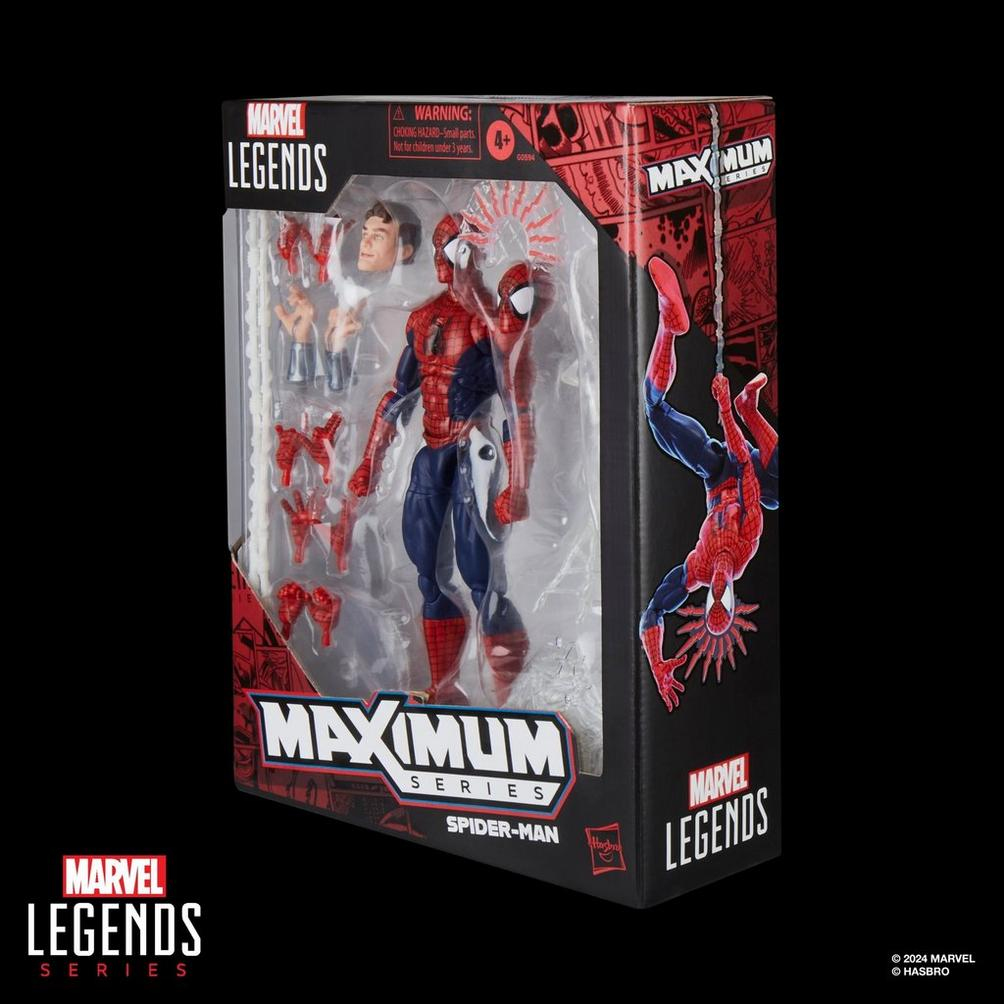 Bir Spider-Man aksiyon figürü kutuda. Kutuda Marvel Legends ve Maximum Series logoları var. Aksesuarlar ve alternatif bir kafa görülebilir.