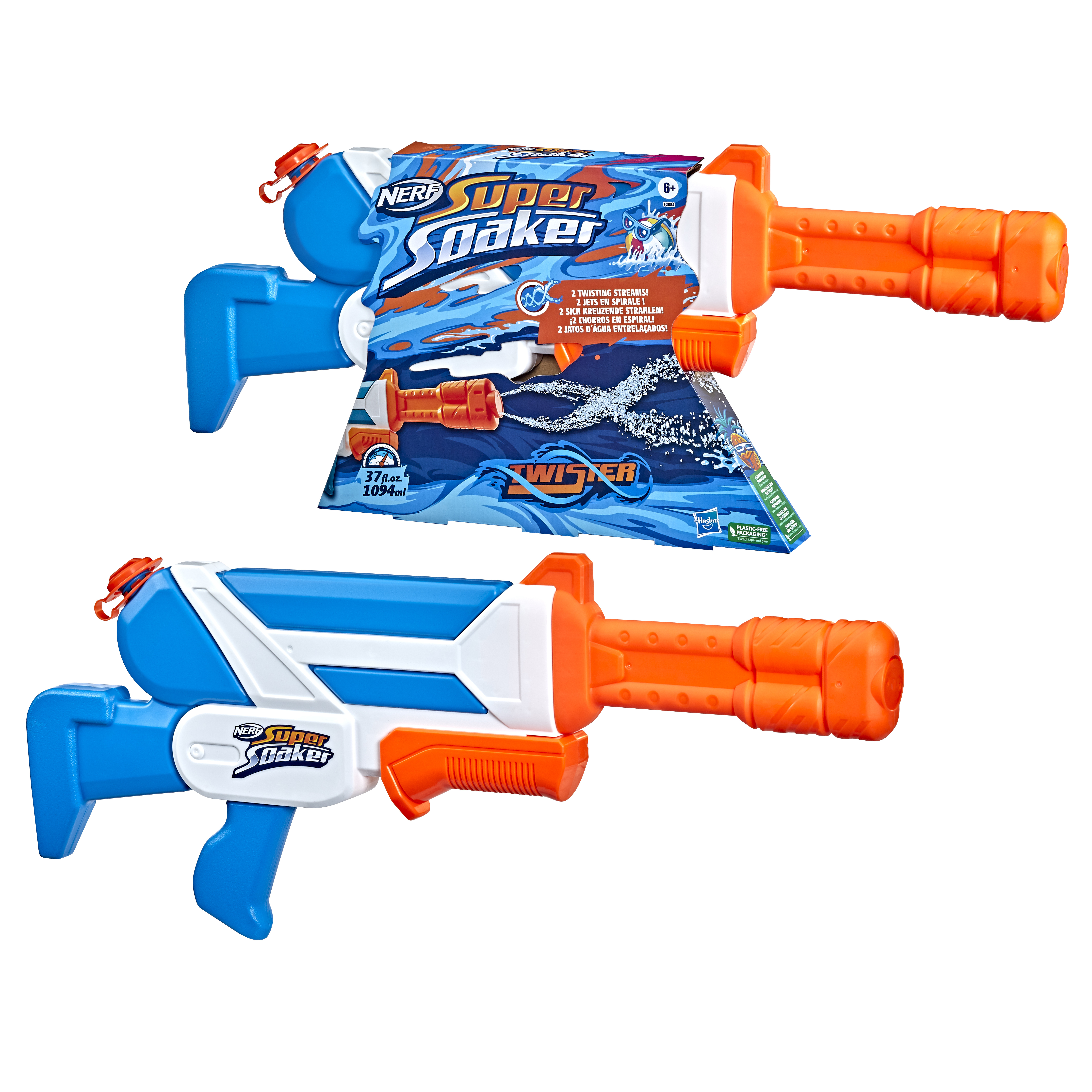 Dos pistolas de agua Nerf Super Soaker. Son azules, blancas y naranjas. Una está en una caja.