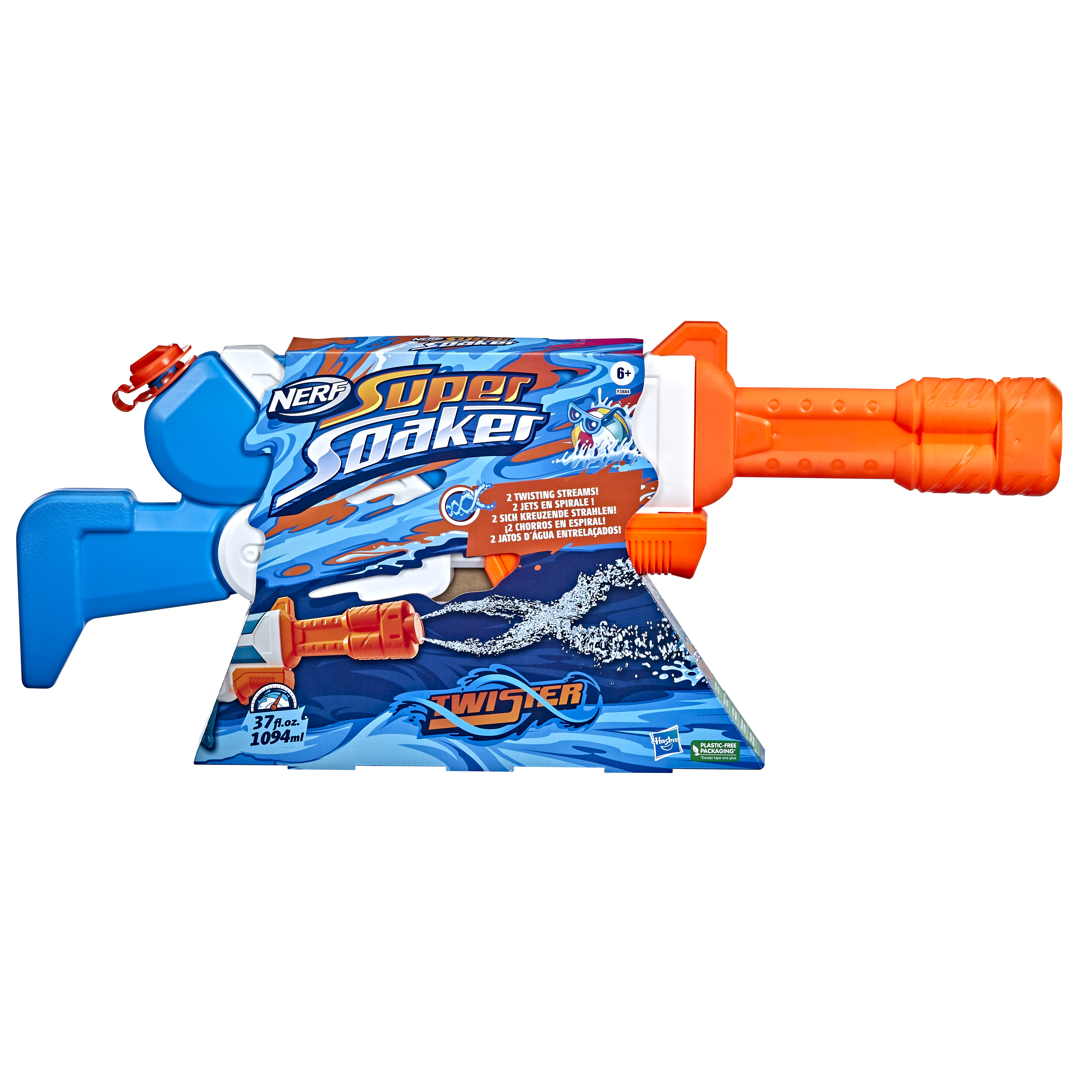 Una pistola de agua Nerf Super Soaker en embalaje azul, naranja y blanco. Texto incluye 'Twister' y '6+'.