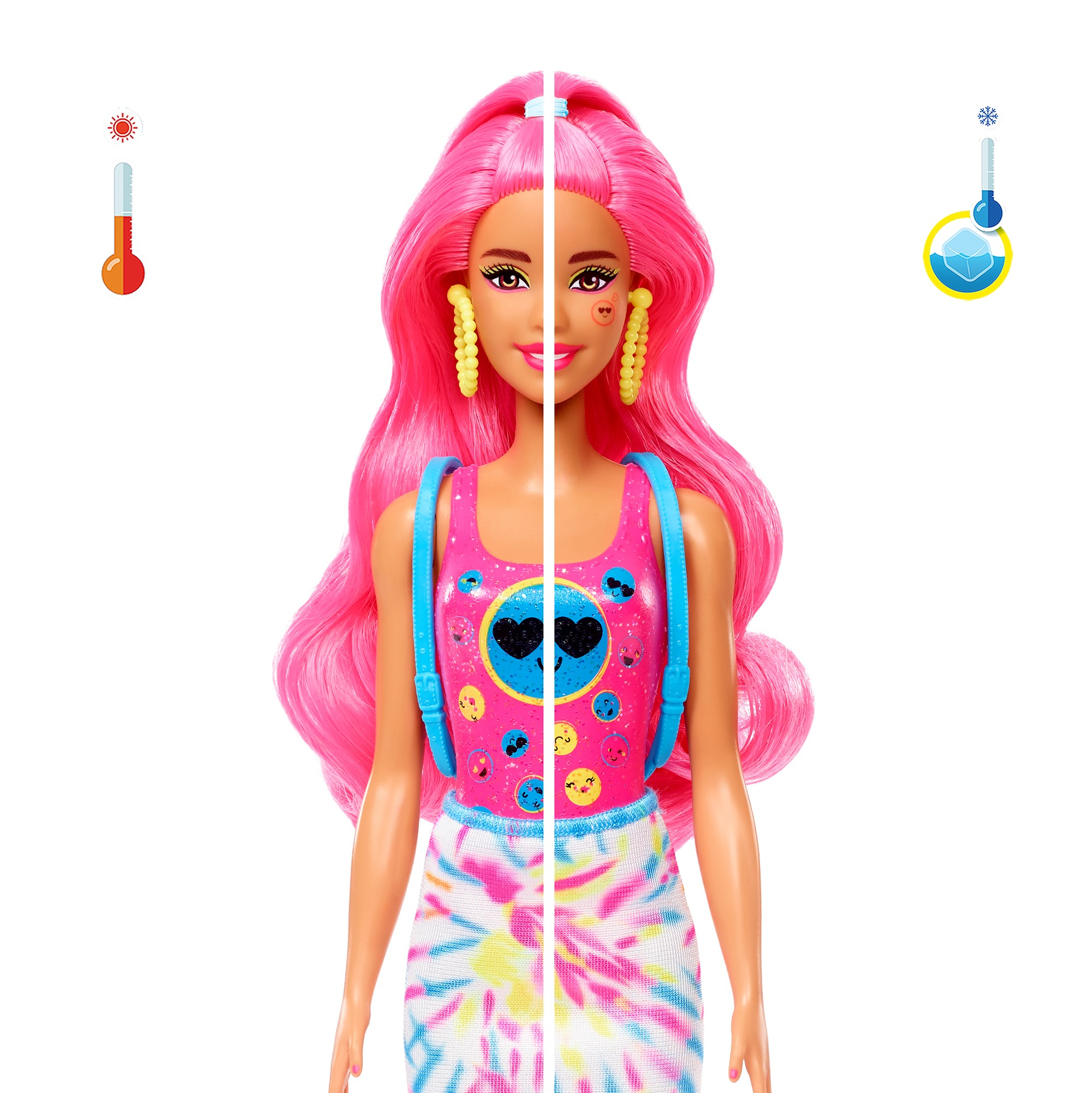 Eine Barbie-Puppe mit pinkfarbenem Haar, einem pinkfarbenen Oberteil und einem Batik-Rock. Thermometer zeigen heiße und kalte Temperaturen an.