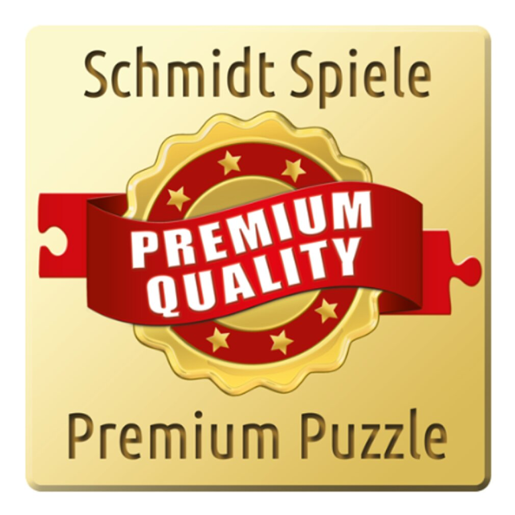 Goldenes Quadrat mit 'Schmidt Spiele' oben, rotes Band mit 'Premium Quality', goldenes Emblem mit Sternen, und 'Premium Puzzle'.