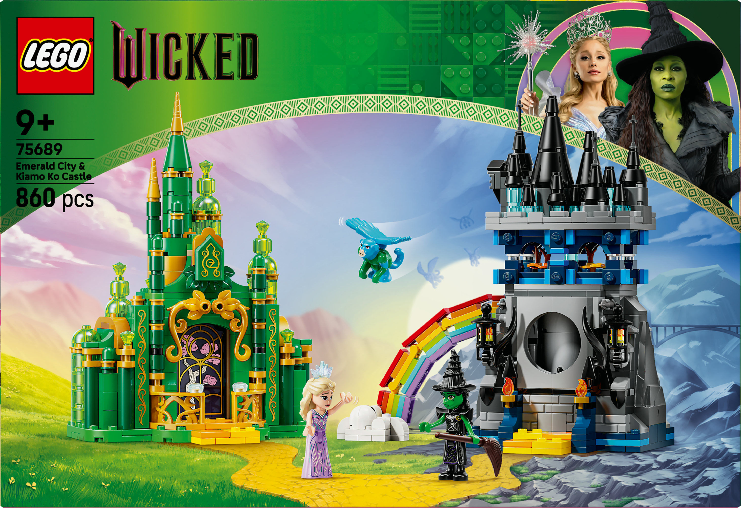 Pudełko zestawu Lego Wicked. Zielone Szmaragdowe Miasto i czarny zamek Kiamo Ko z postaciami i tęczą.