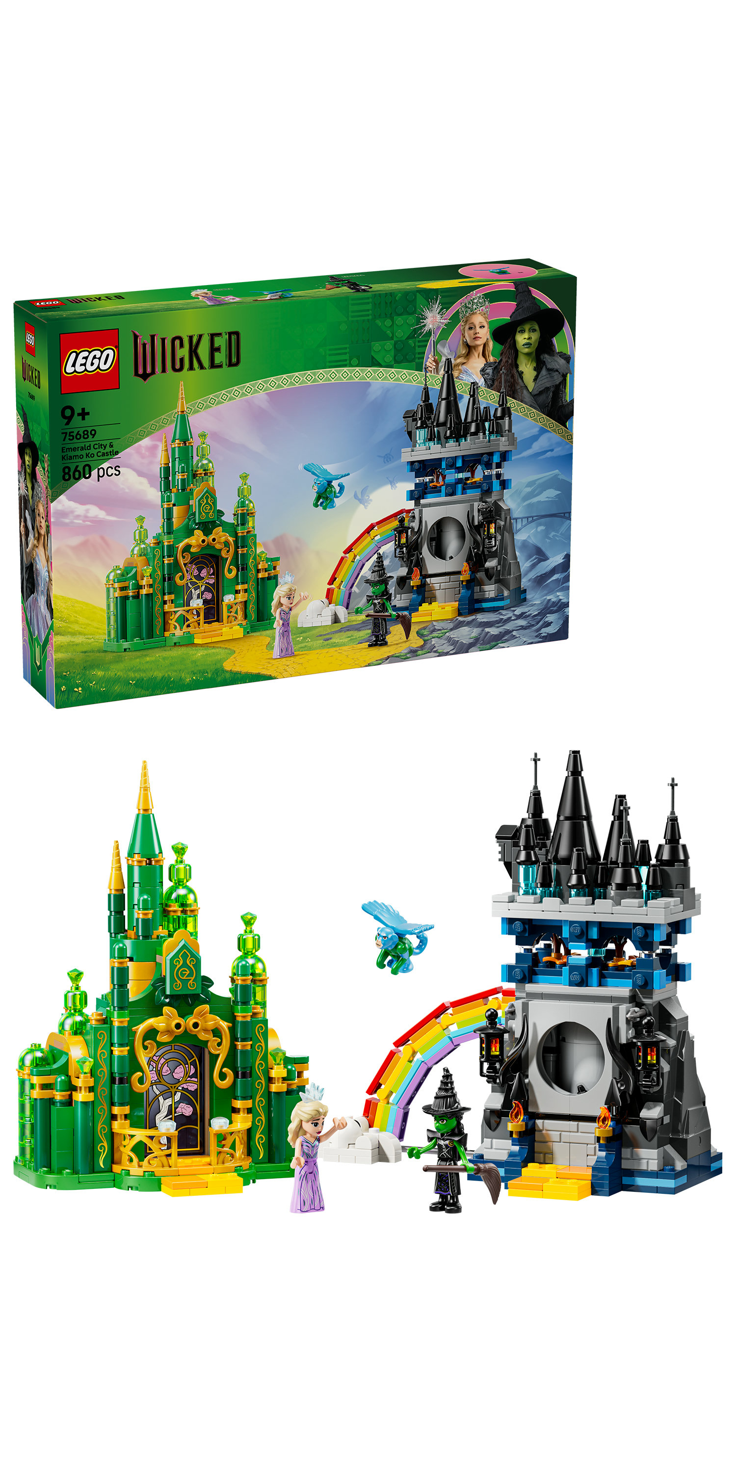 Zestaw Lego Wicked. Zielone Szmaragdowe Miasto i czarna wieża z tęczą. Zawiera figurki Elphaby i Glindy.