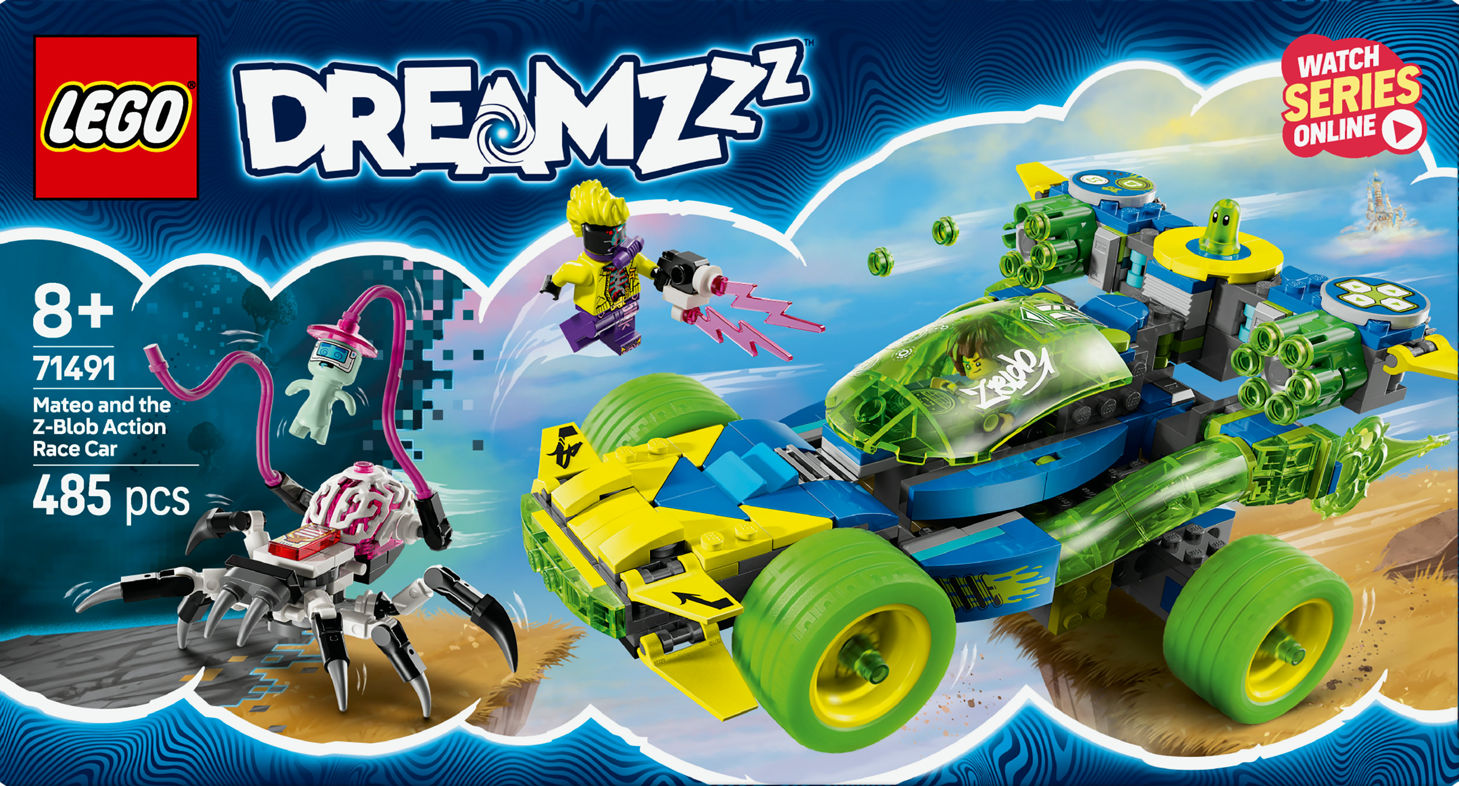Zestaw Lego Dreamzzz. Samochód wyścigowy z figurką Z-Blob, pajęczym stworzeniem i minifigurką Mateo na niebieskim tle.