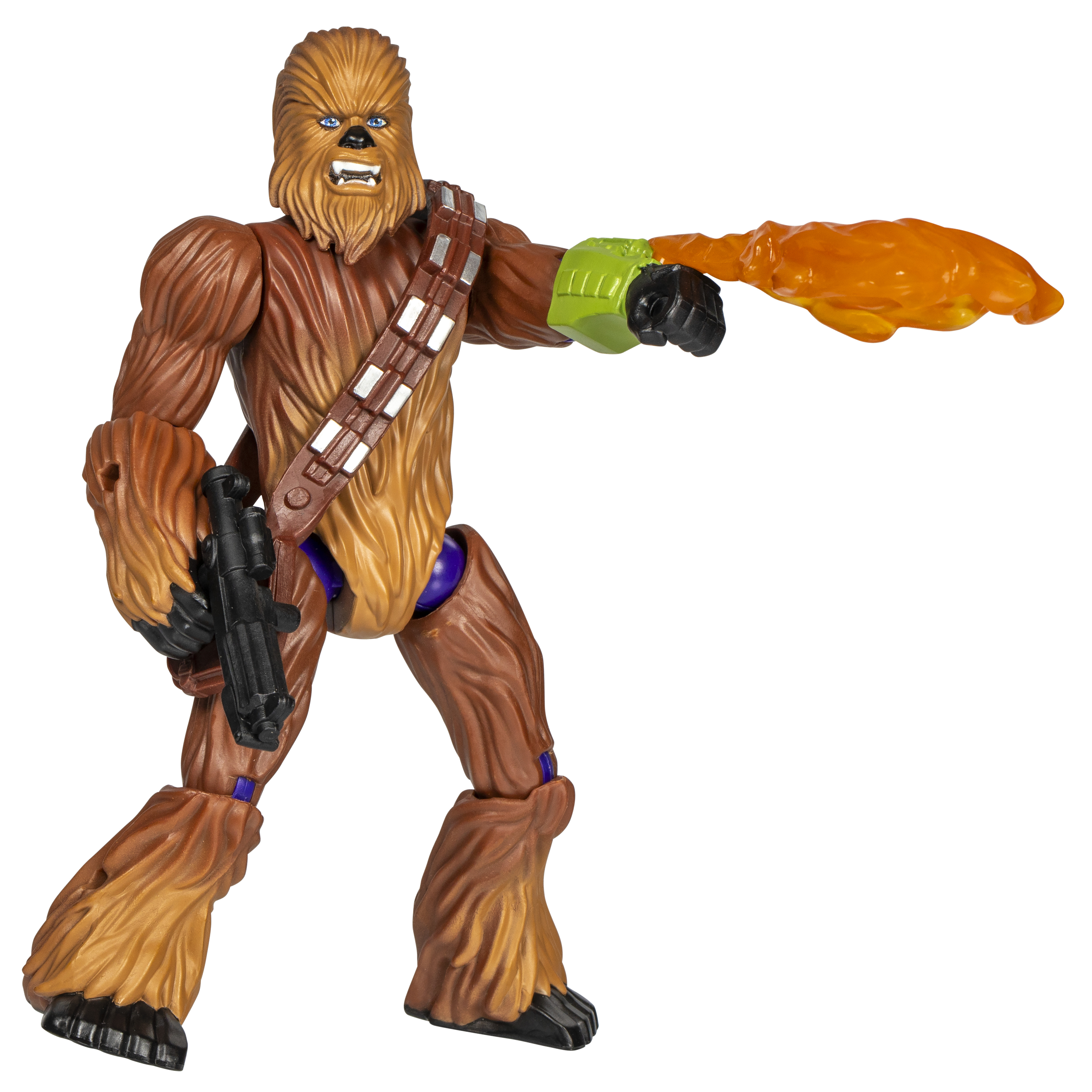 Eine Chewbacca-Actionfigur. Braunes Fell, blaue Augen. Hält eine Waffe. Grüner und schwarzer Arm mit orangem Schuss.