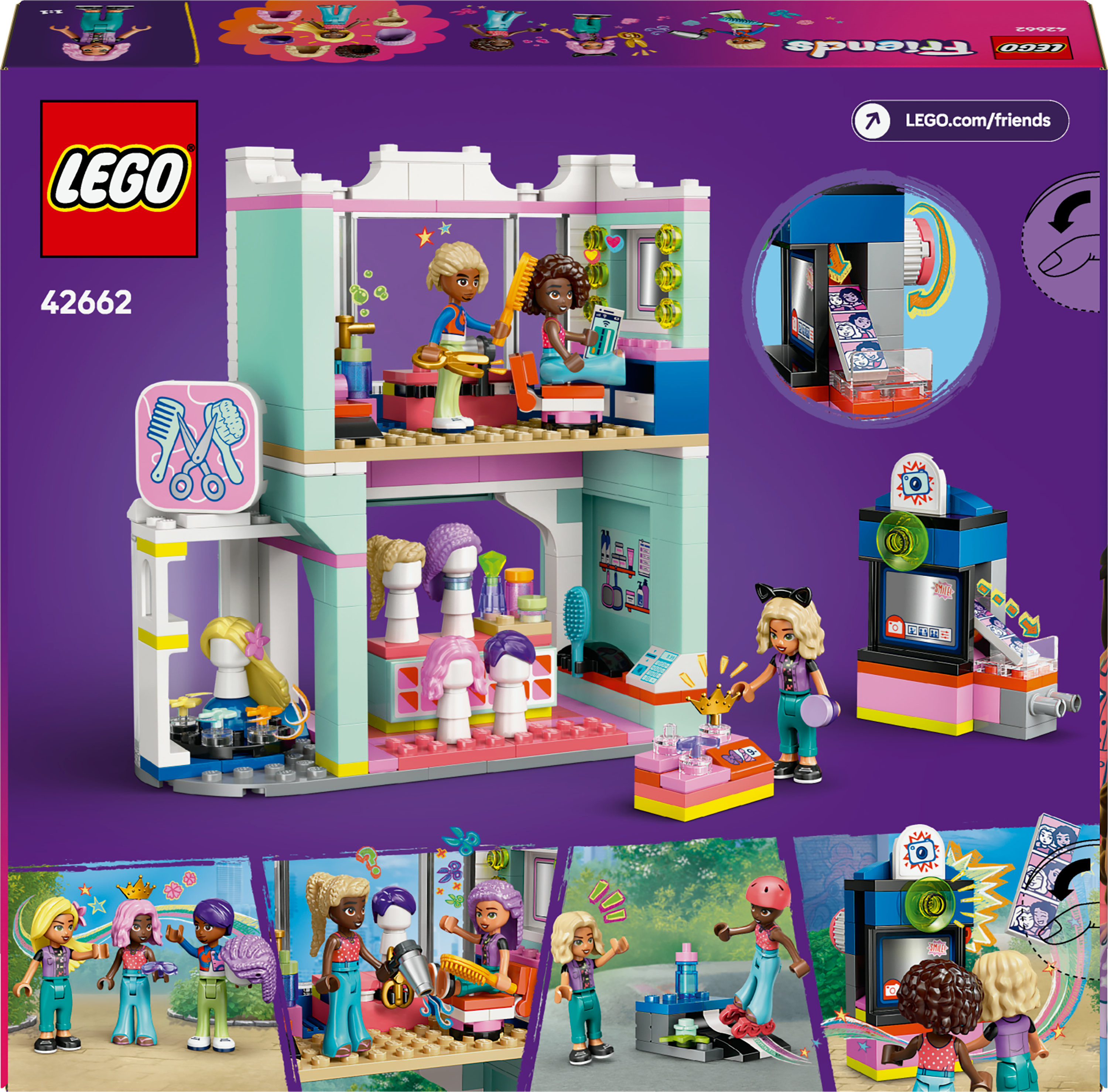 Zestaw LEGO Friends. Zawiera salon z figurkami, akcesoriami i fotobudką. Kolorowe klocki.