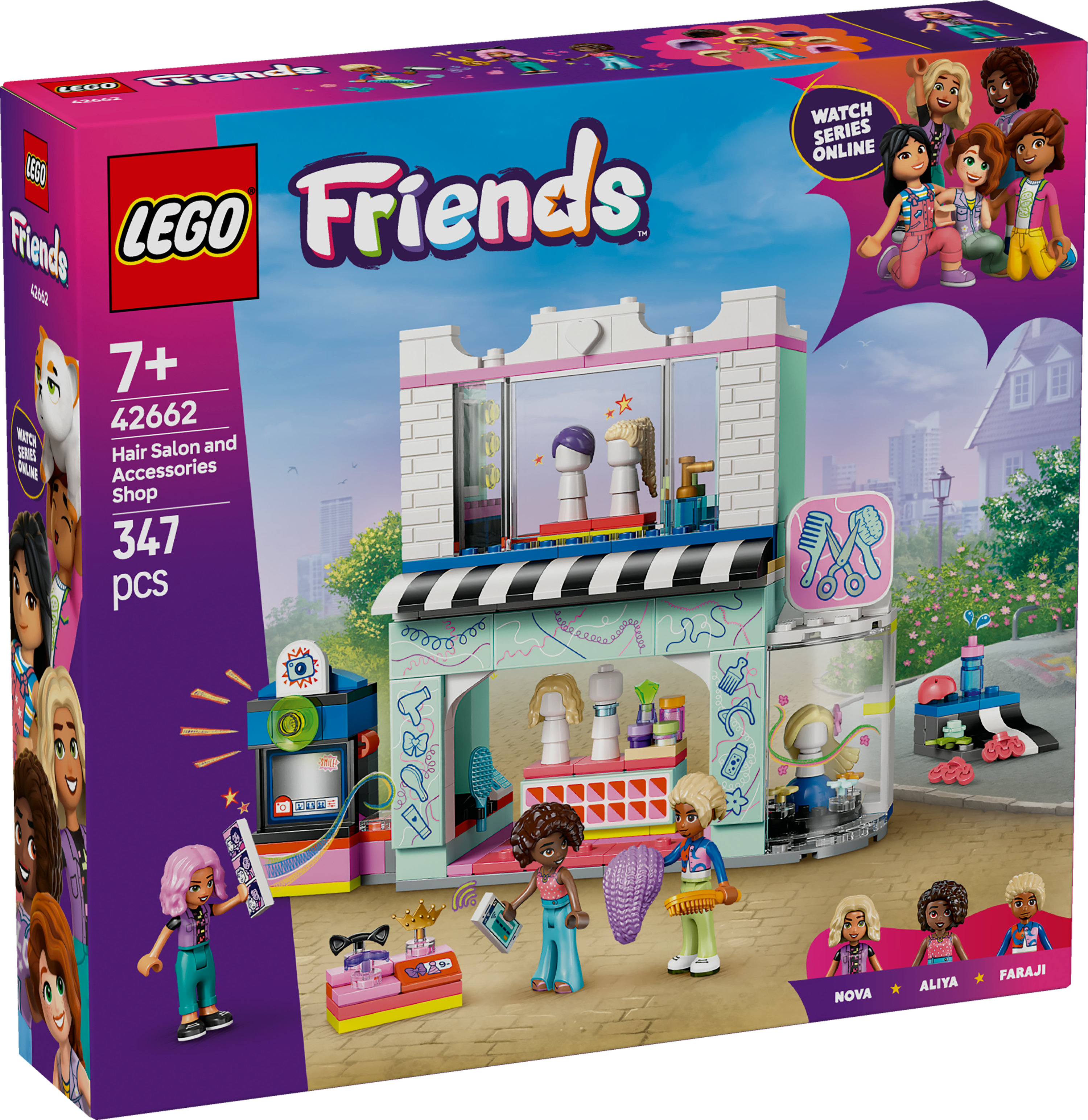 Zestaw pudełkowy LEGO Friends Hair Salon. Zawiera budynek sklepu, minifigurki i akcesoria. Zestaw ma jasne kolory.