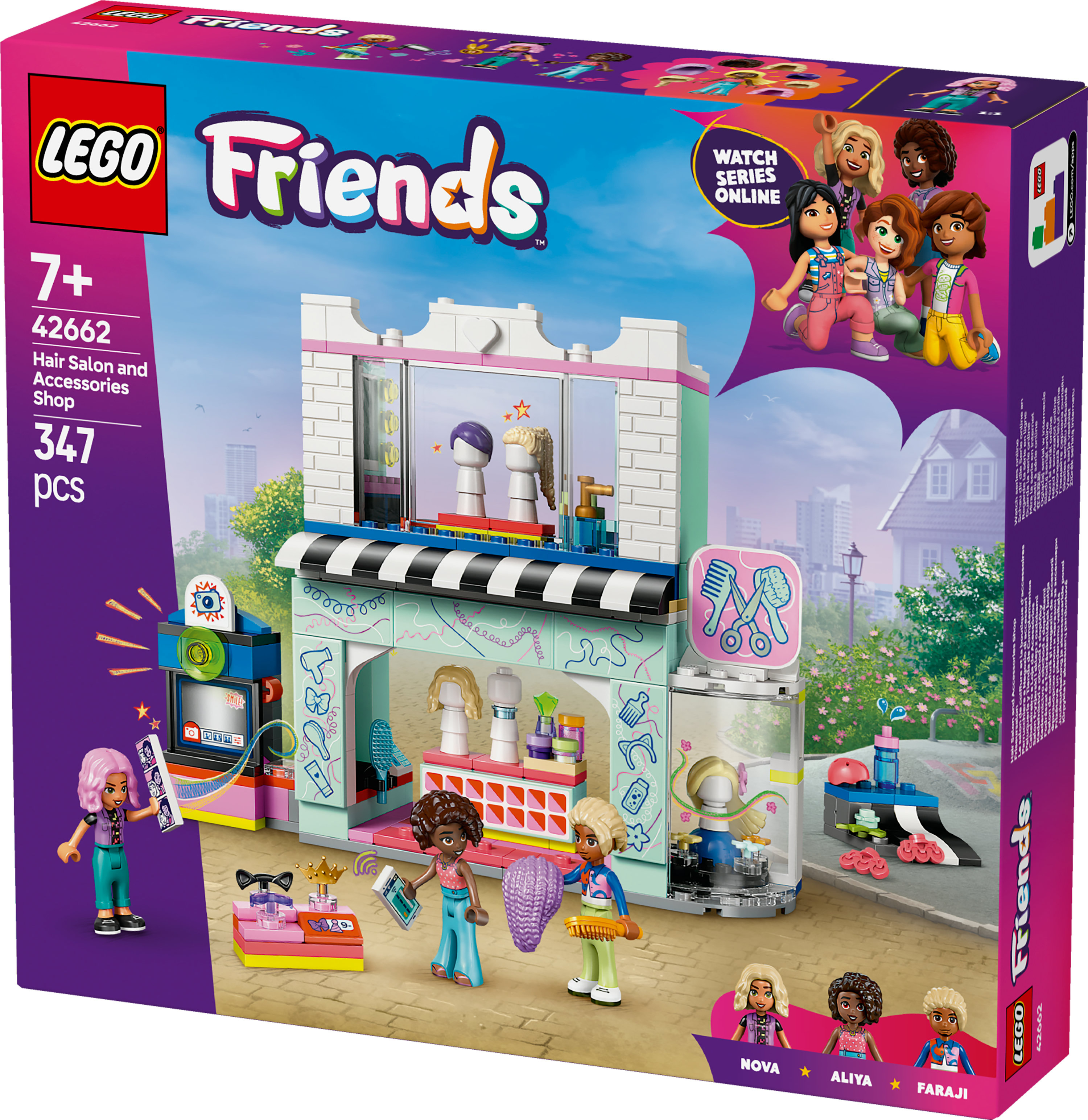 Pudełko salonu fryzjerskiego Lego Friends. Zawiera figurki Lego, akcesoria do stylizacji włosów i fasadę sklepu.