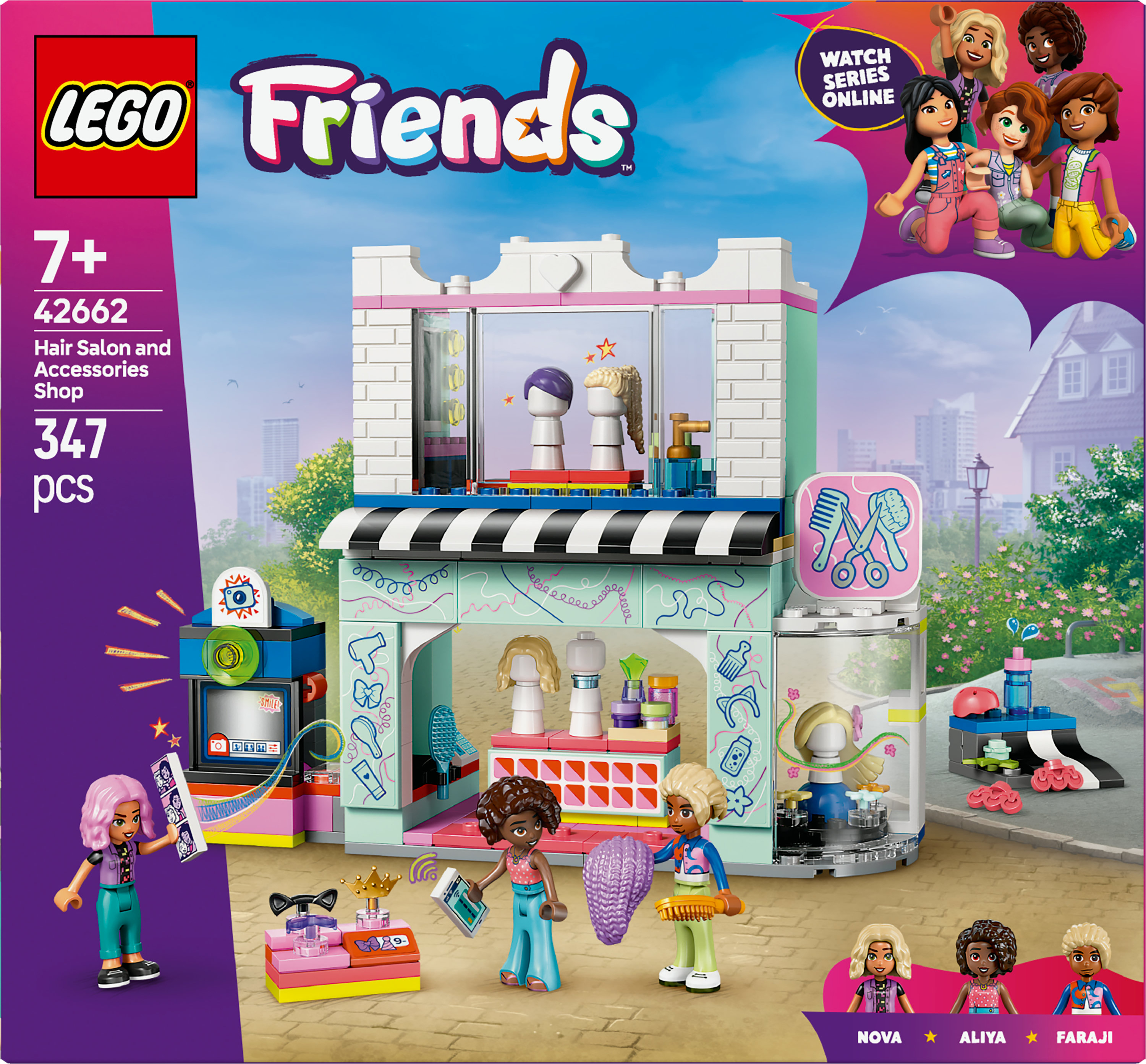 Zestaw fryzjerski LEGO Friends. Zawiera figurki i akcesoria. Kolorowy budynek z wieloma stanowiskami i figurkami.
