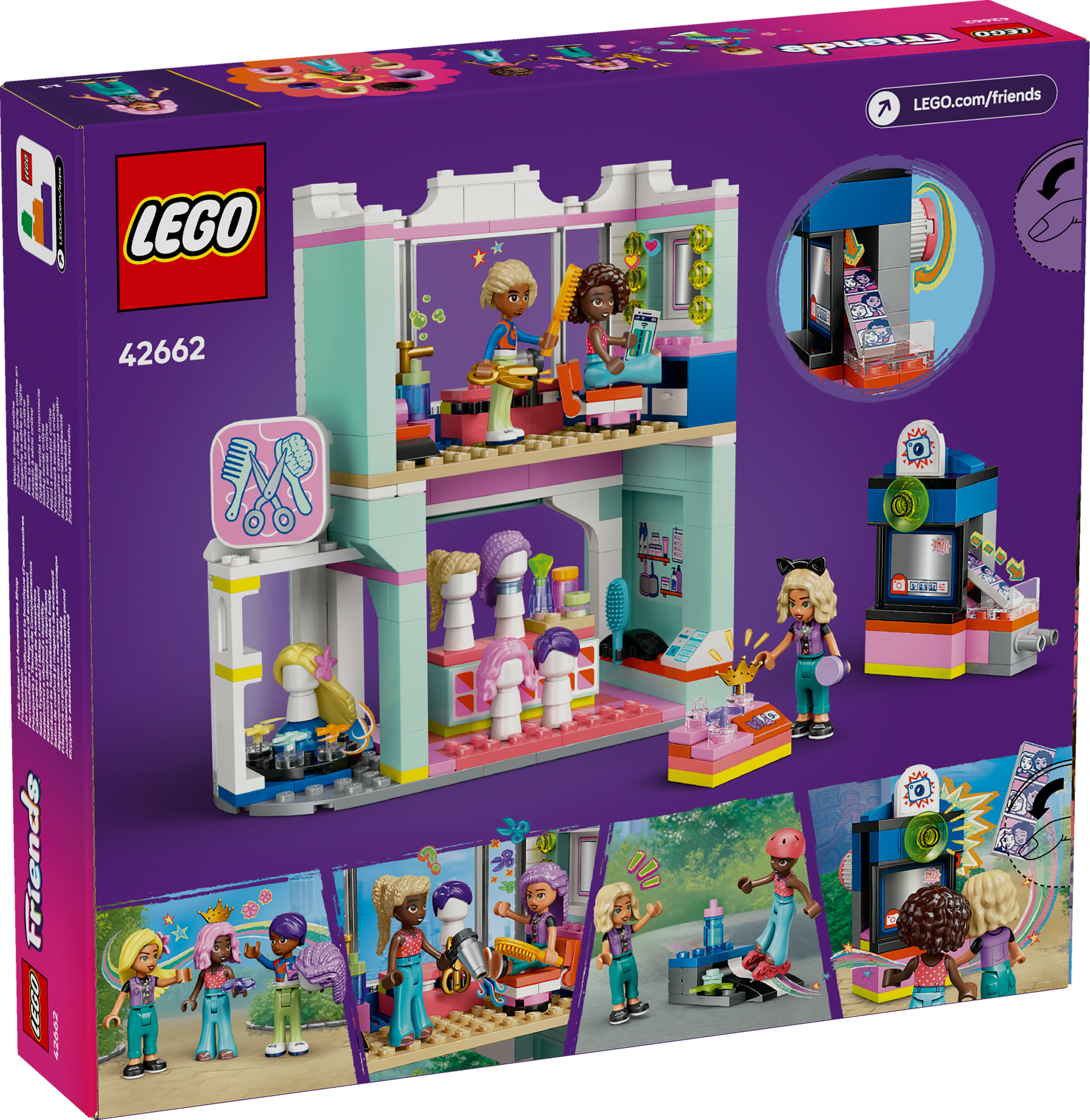 Pudełko zestawu Lego Friends. Pokazuje dwupiętrowy salon fryzjerski z minifigurkami i akcesoriami.