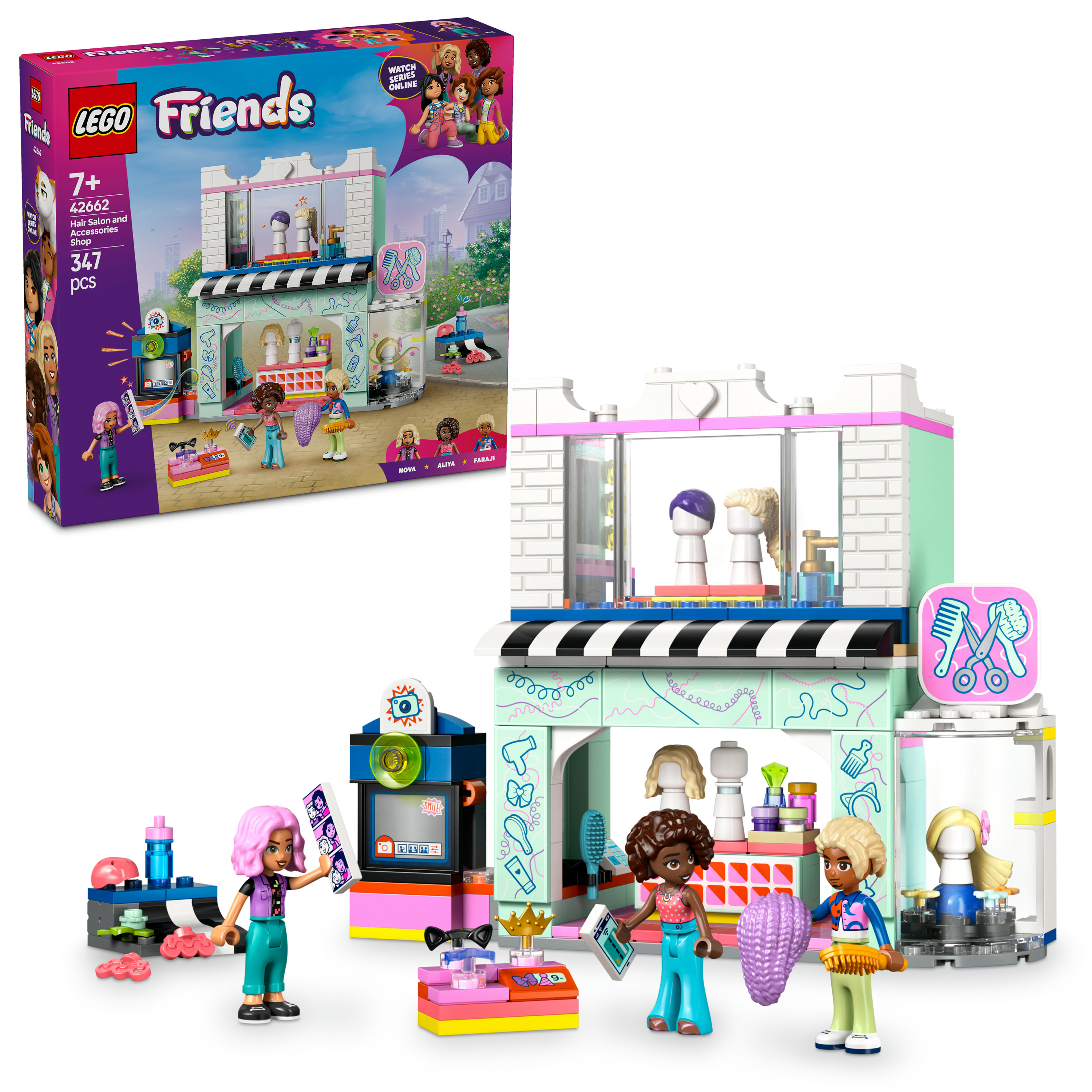 Zestaw fryzjerski Lego Friends z figurkami i akcesoriami. Pudełko po lewej. Scena zawiera figurki i elementy konstrukcyjne.
