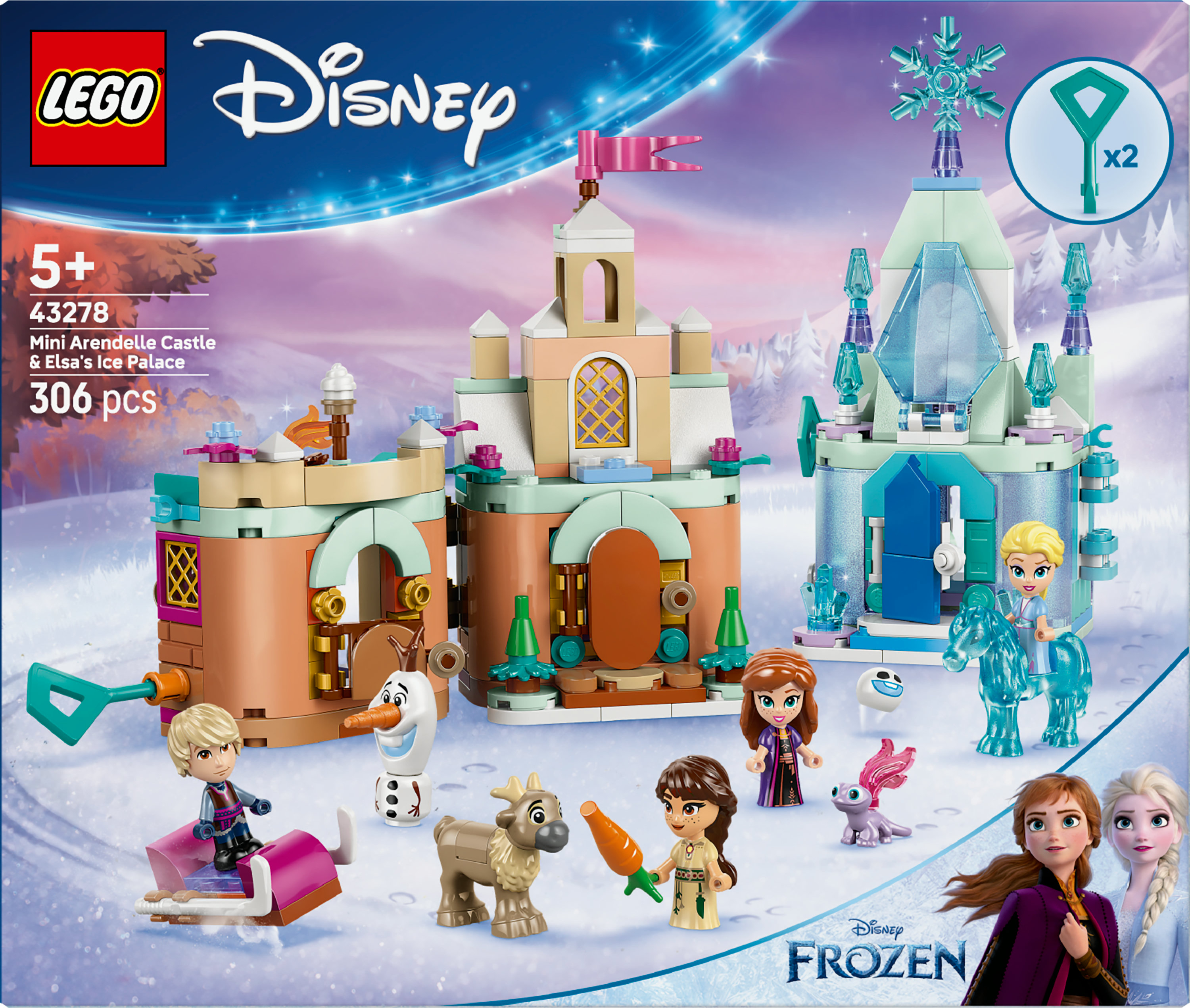 Set LEGO Disney Frozen con modelli di castelli, personaggi di Anna, Elsa, Olaf e altri.