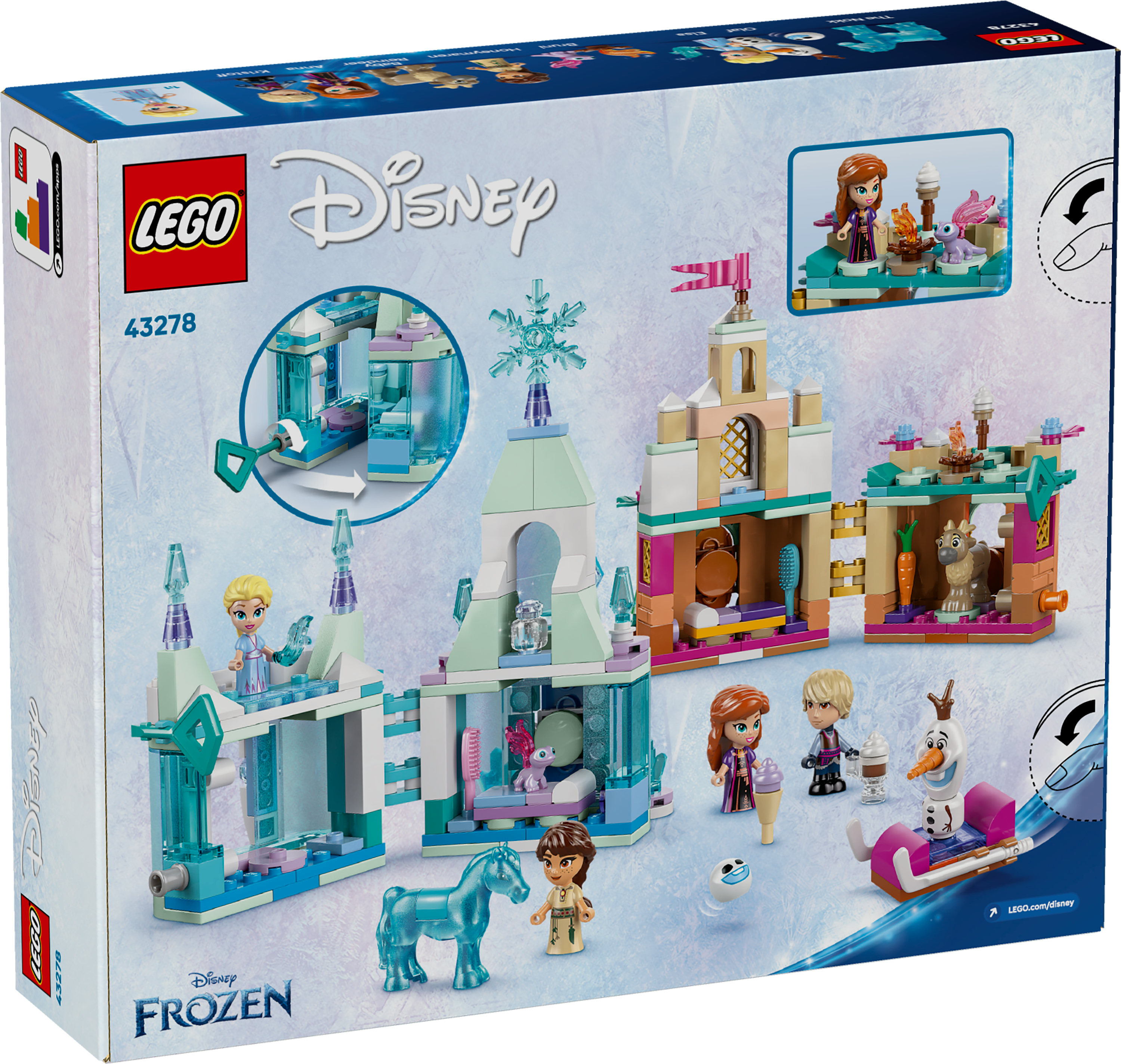 Scatola del set LEGO Disney Frozen. Include i personaggi Lego di Anna, Elsa, Kristoff, Olaf e un cavallo. Vengono mostrati vari edifici.