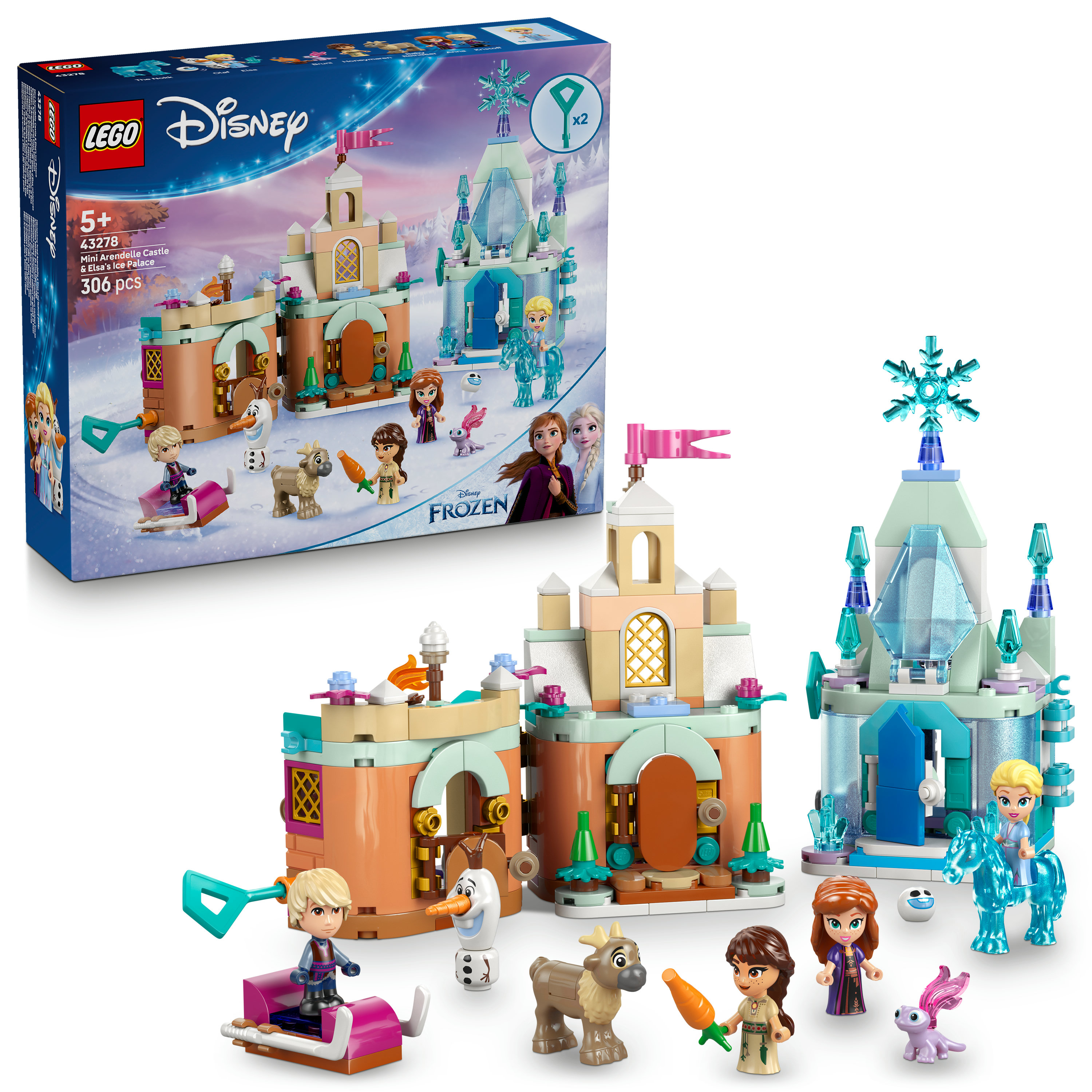 Set Lego Disney Frozen. Include costruzioni di castelli, personaggi di Anna, Elsa, Kristoff, Olaf, Sven e altri.