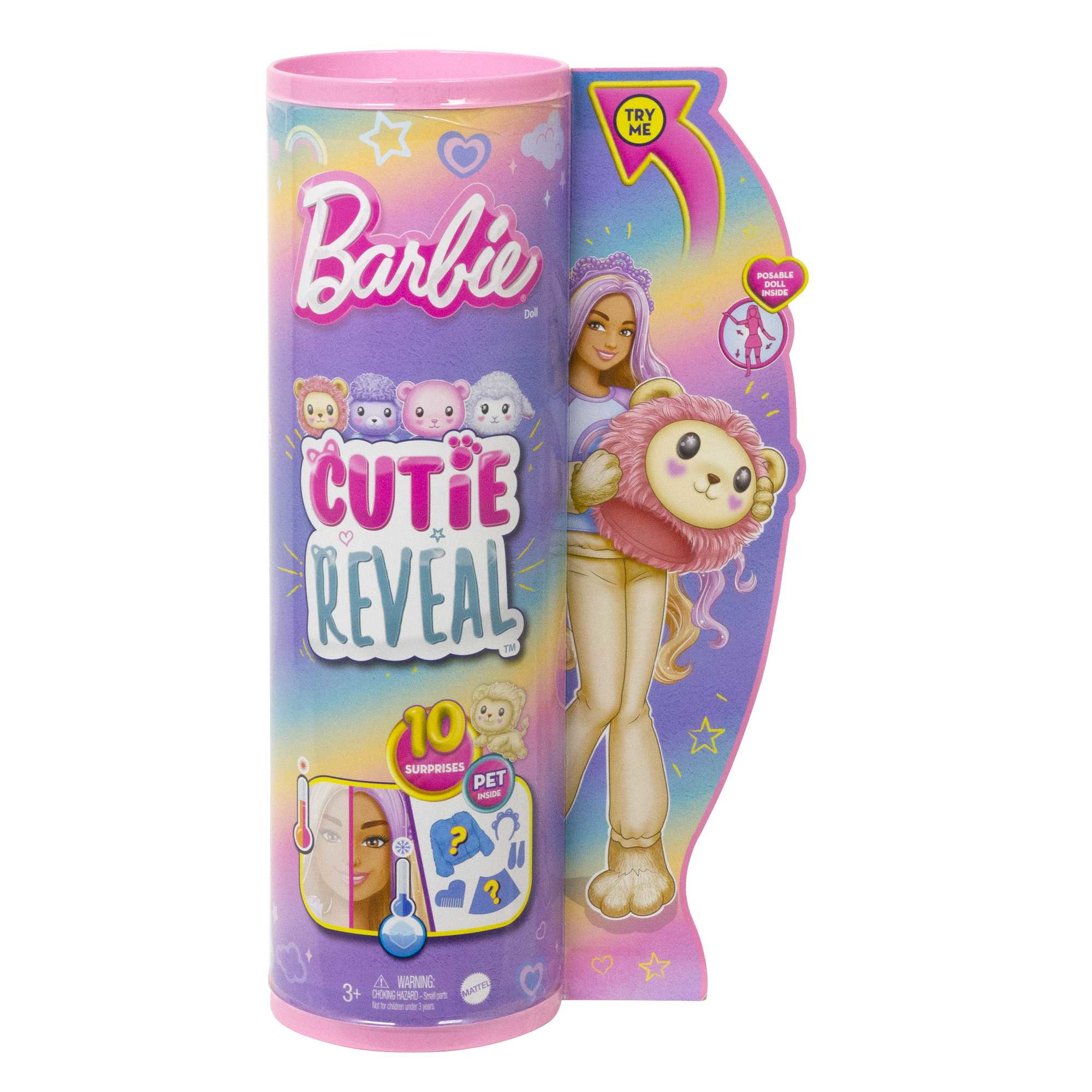 Opakowanie lalki Barbie Cutie Reveal. Cylinder z logo Barbie, wizerunek lalki w kostiumie zwierzęcia i tekst z niespodziankami.