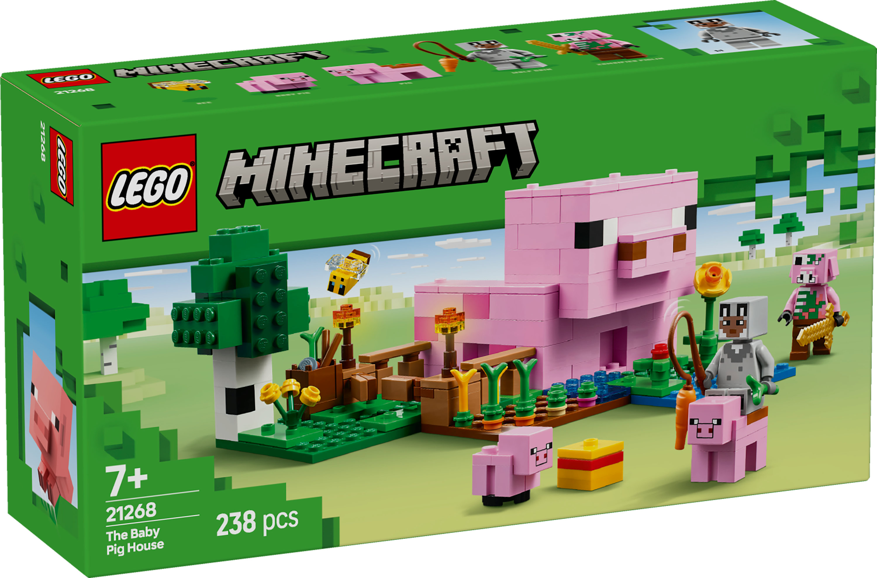 Pudełko zestawu LEGO Minecraft przedstawia różowy domek dla świń, figurki i postacie z gry. Pudełko jest zielone z logo LEGO.