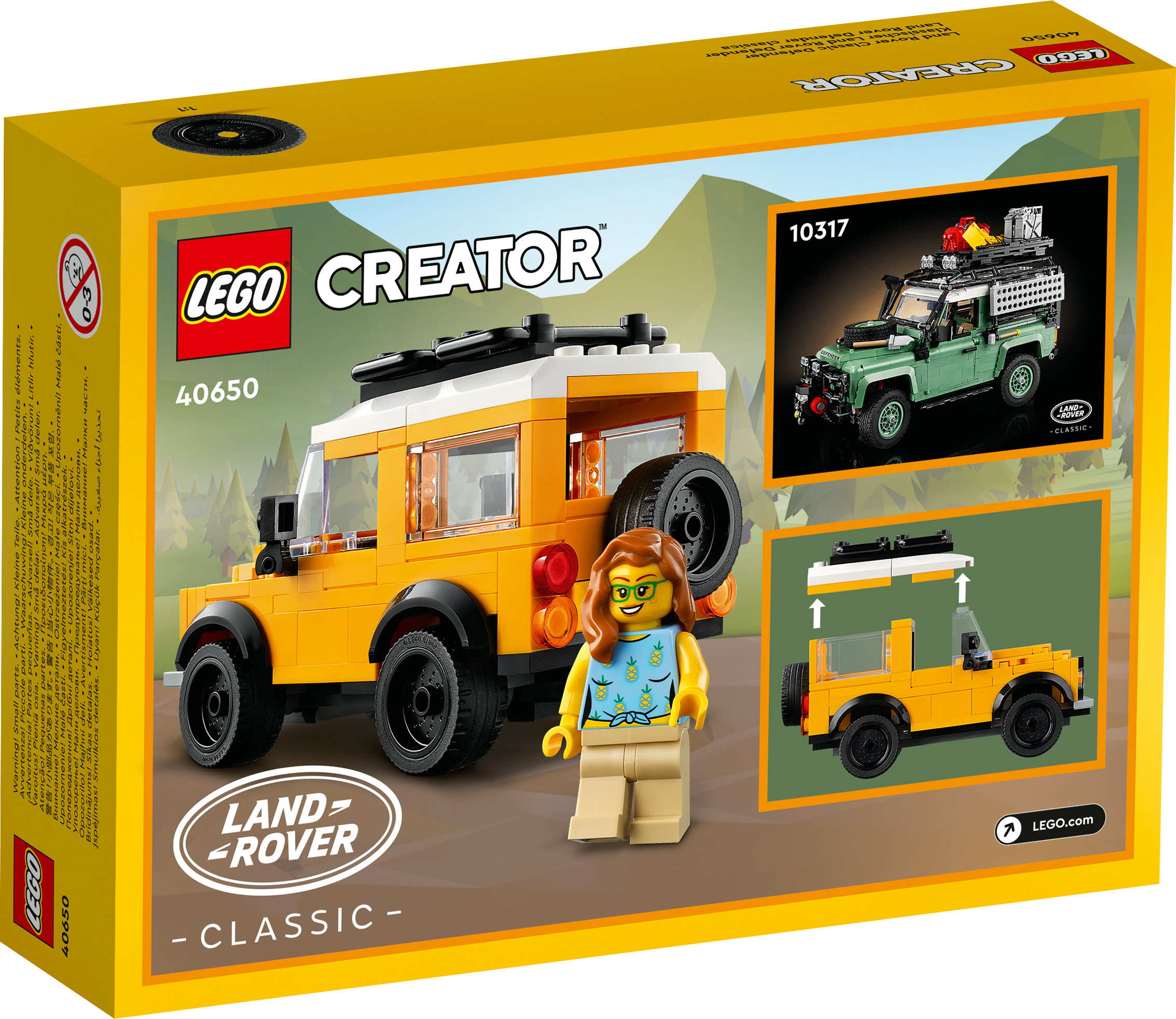 Kutuda bir Lego Creator Land Rover Defender seti gösteriliyor. Sarı arabanın yanında bir minifigür duruyor.