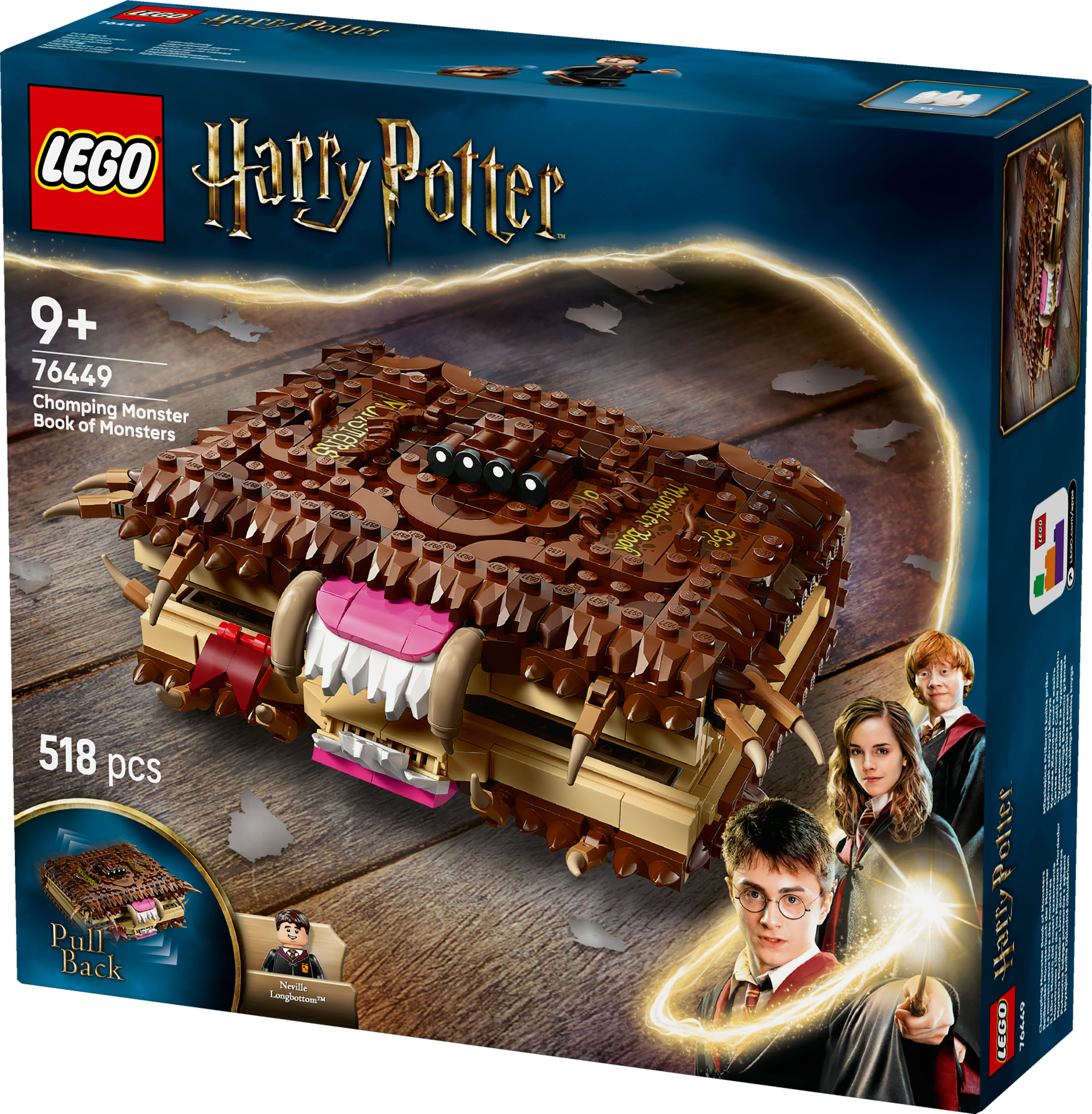 Zestaw Lego Harry Potter. Pudełko przedstawia potworną książkę z zębami oraz Harrego, Rona i Hermionę.