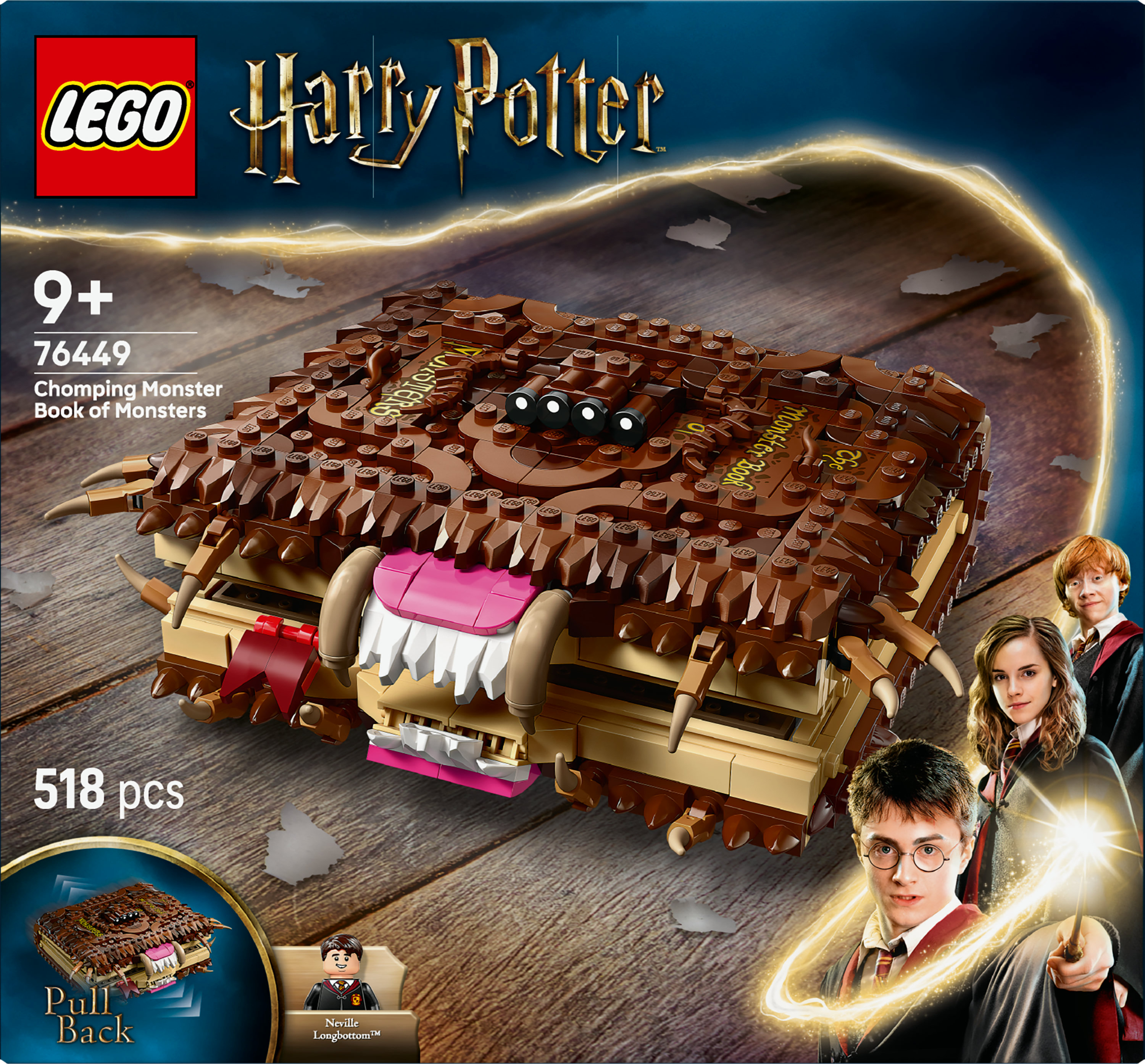 Zestaw LEGO Harry Potter. Zawiera brązową książkę potworów z zębami i zdjęcia Harry'ego, Rona i Hermiony.