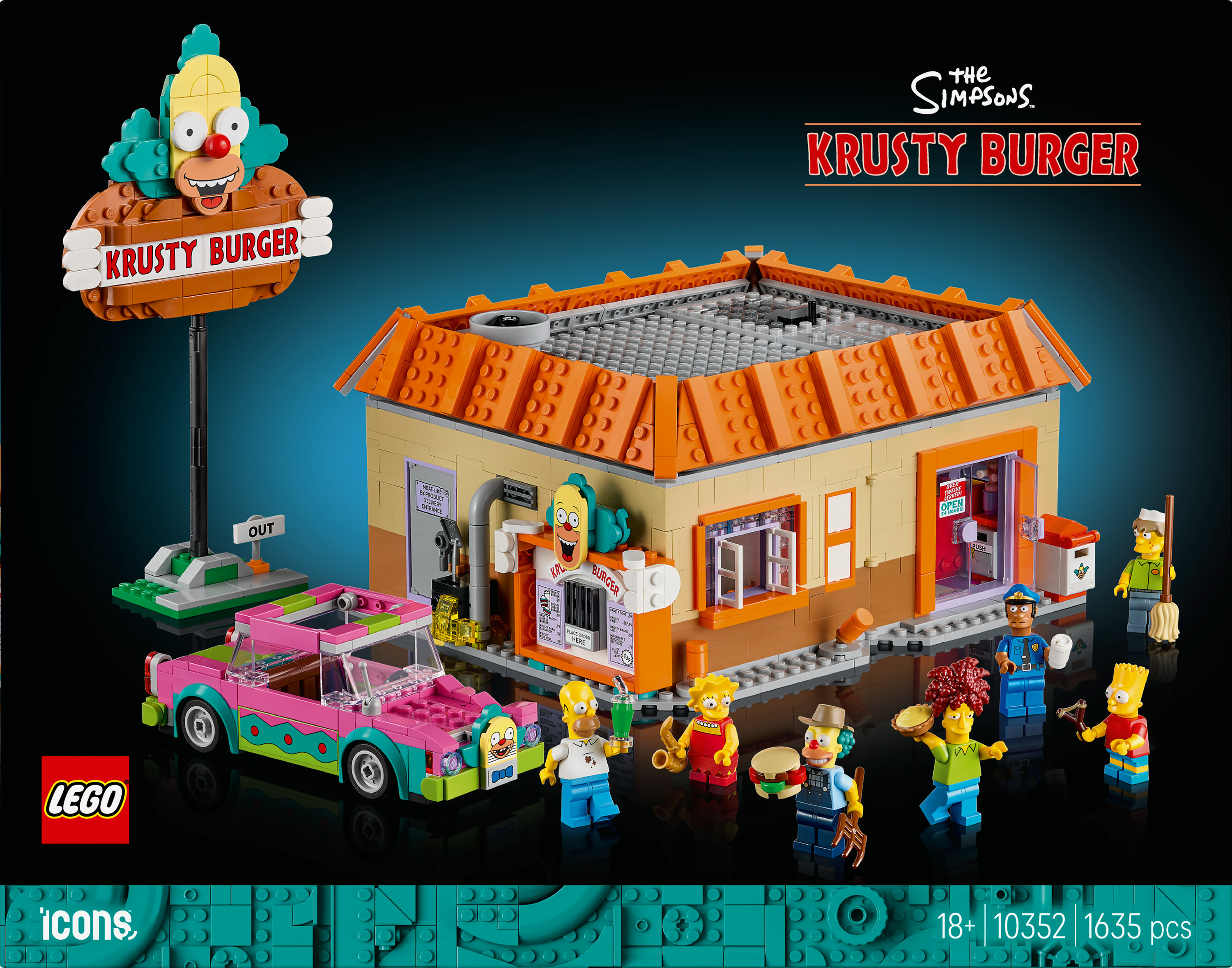 Zestaw Lego Krusty Burger z The Simpsons. Zawiera budynek, figurki, samochód i szyld z twarzą Krusty.