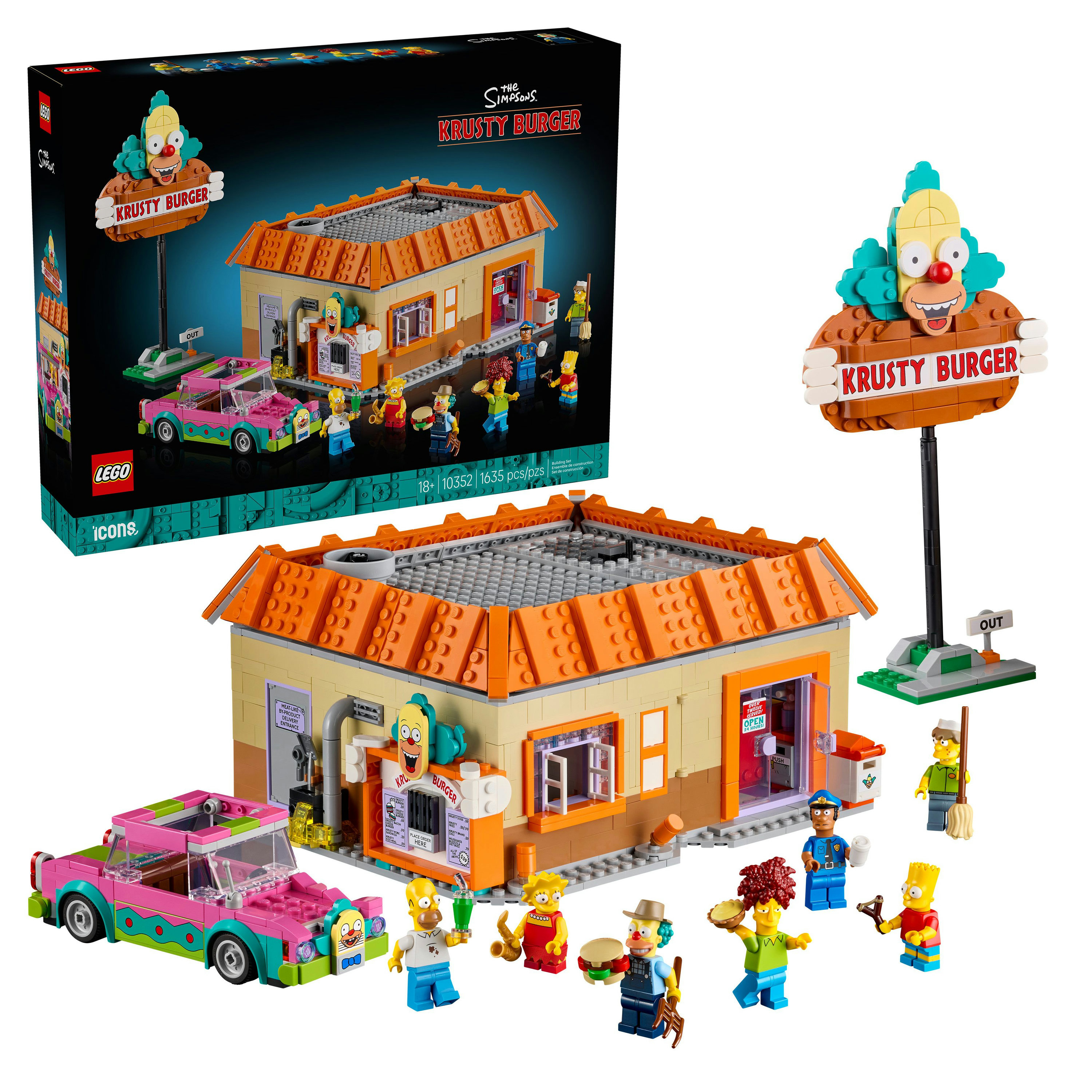 Zestaw Lego restauracji Krusty Burger z figurkami, różowym samochodem i szyldem. Postacie to m.in. Klaun Krusty i Homer Simpson.